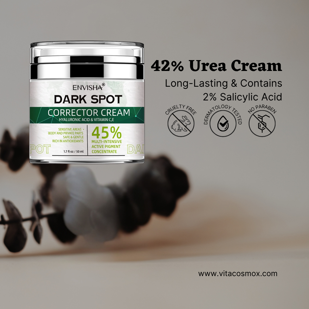 Dark spot corrector cream with product details on a blurred background