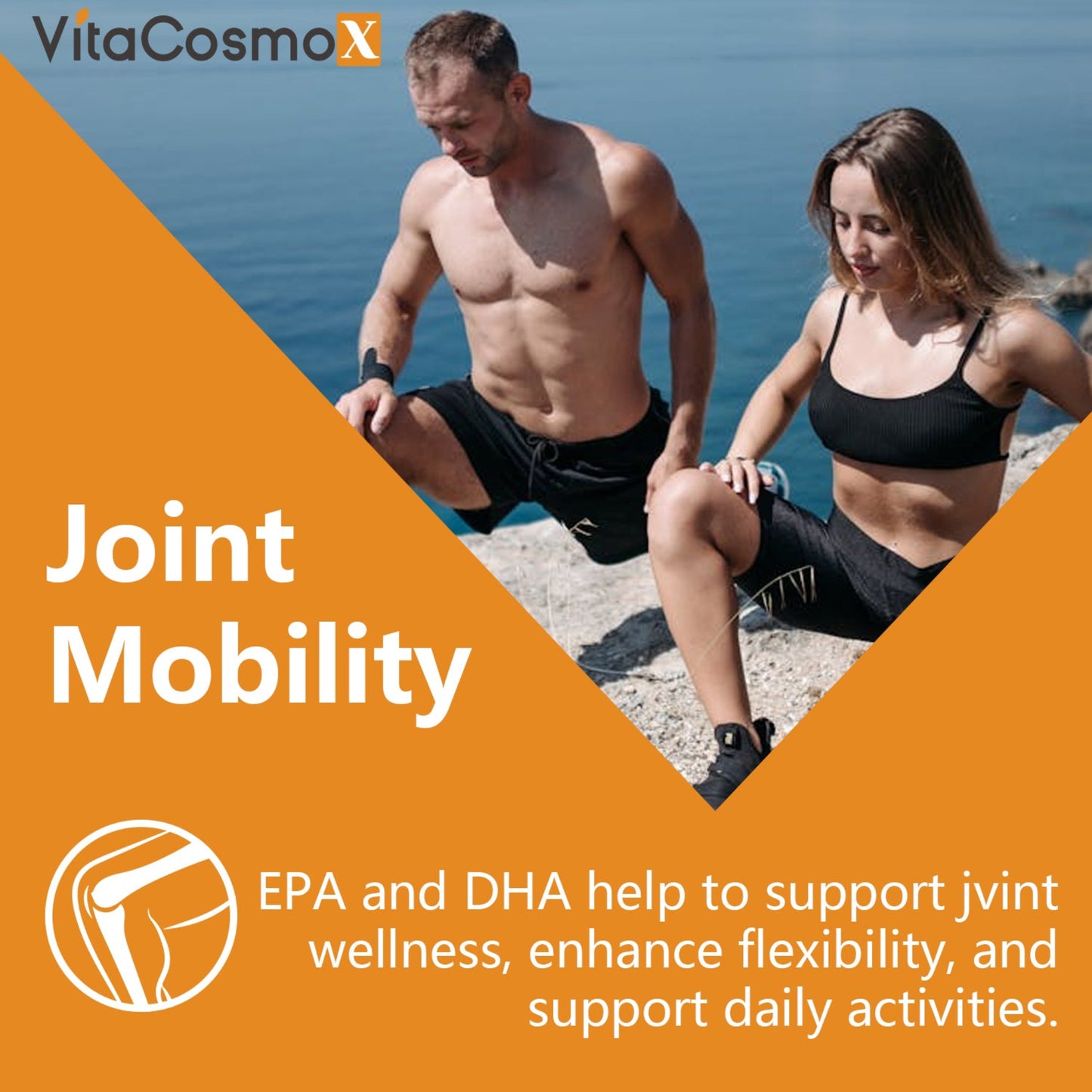Two people sitting on a rock by the water with VitaCosmoX branding and text about joint mobility support.