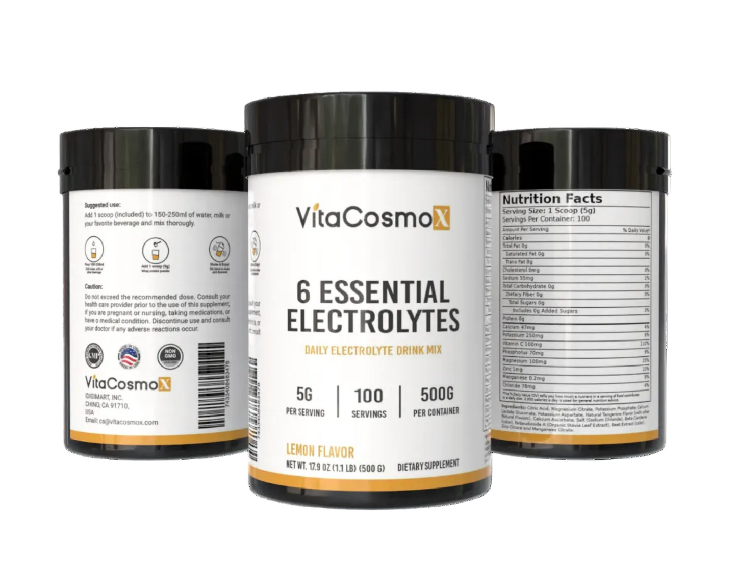 VitaCosmoX electrolyte supplement container with labels on a white background