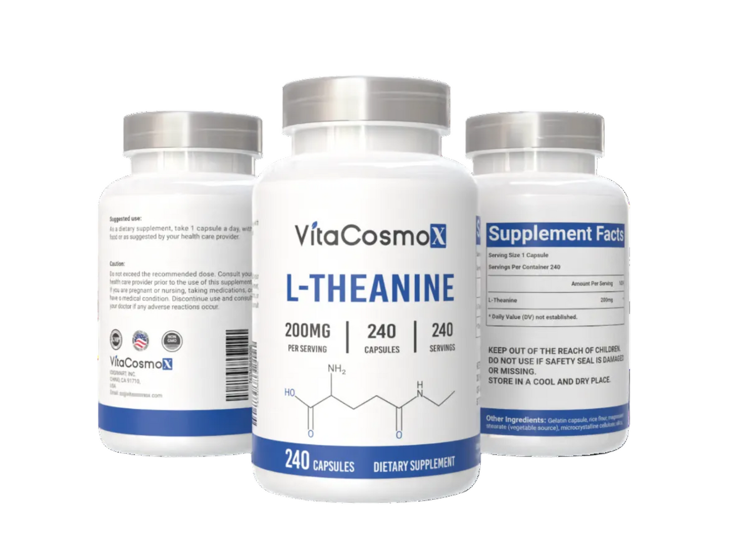 Three bottles of VitaCosmoX L-Theanine supplement on a white background