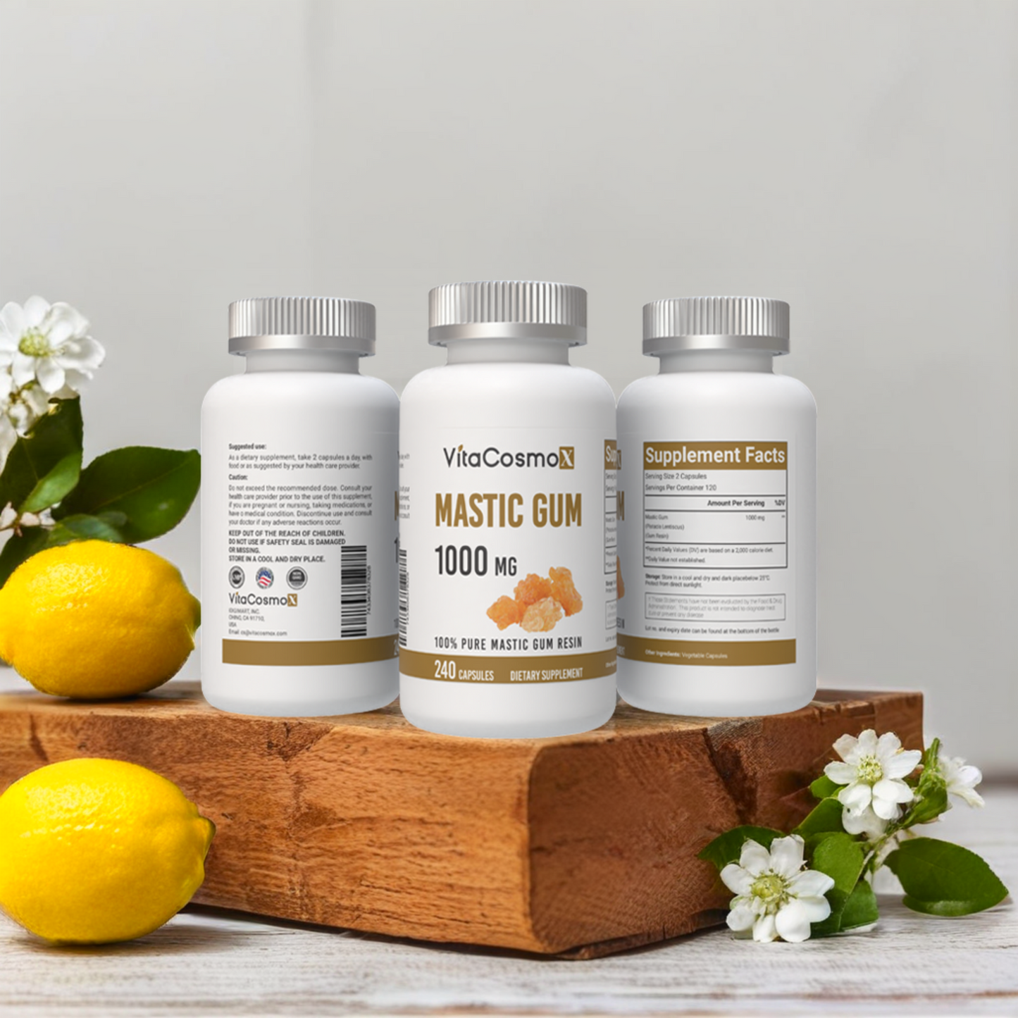 VitaCosmoX mastic gum all three sides - 240 capsules (with background)