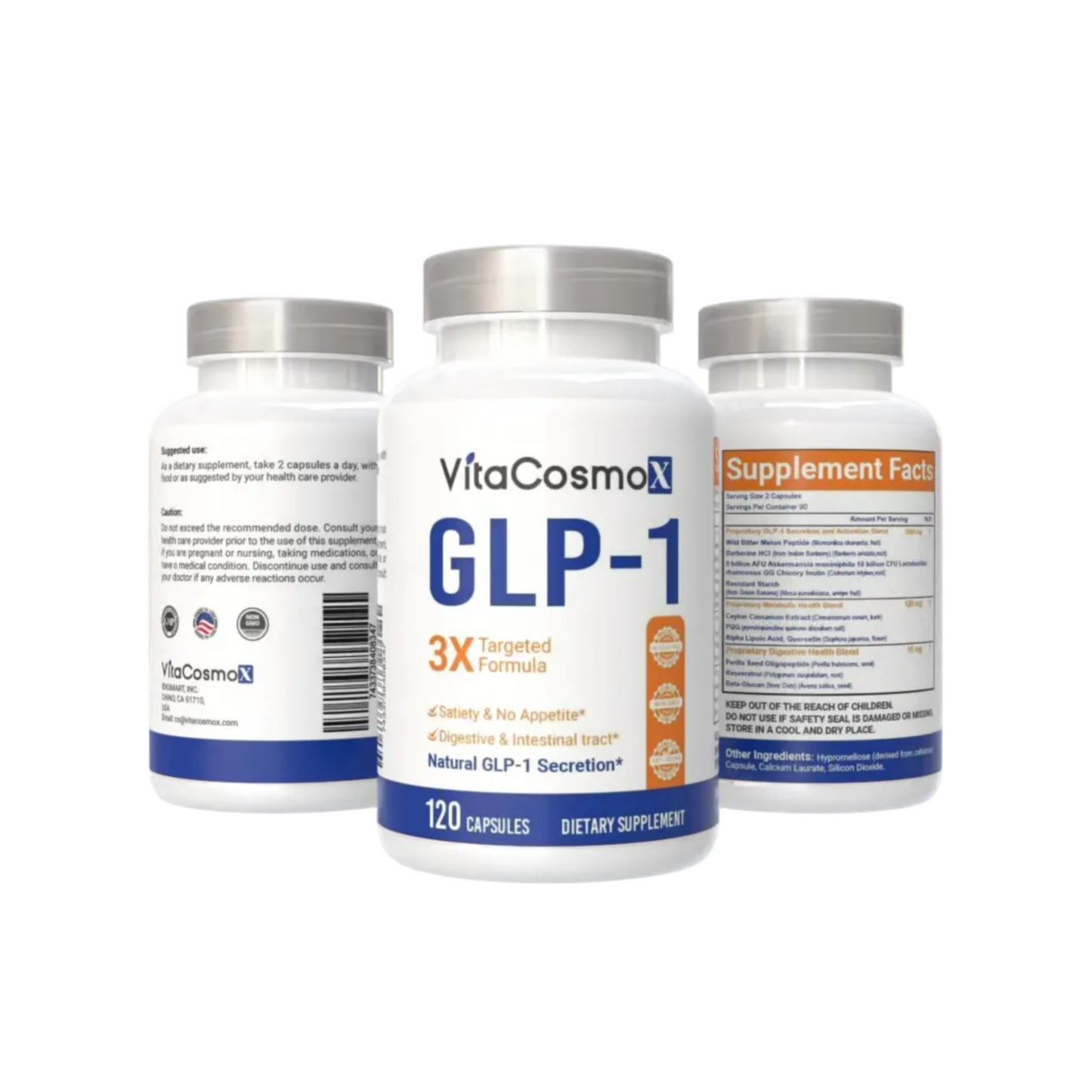 VitaCosmoX GLP-1 supplement bottles on a white background