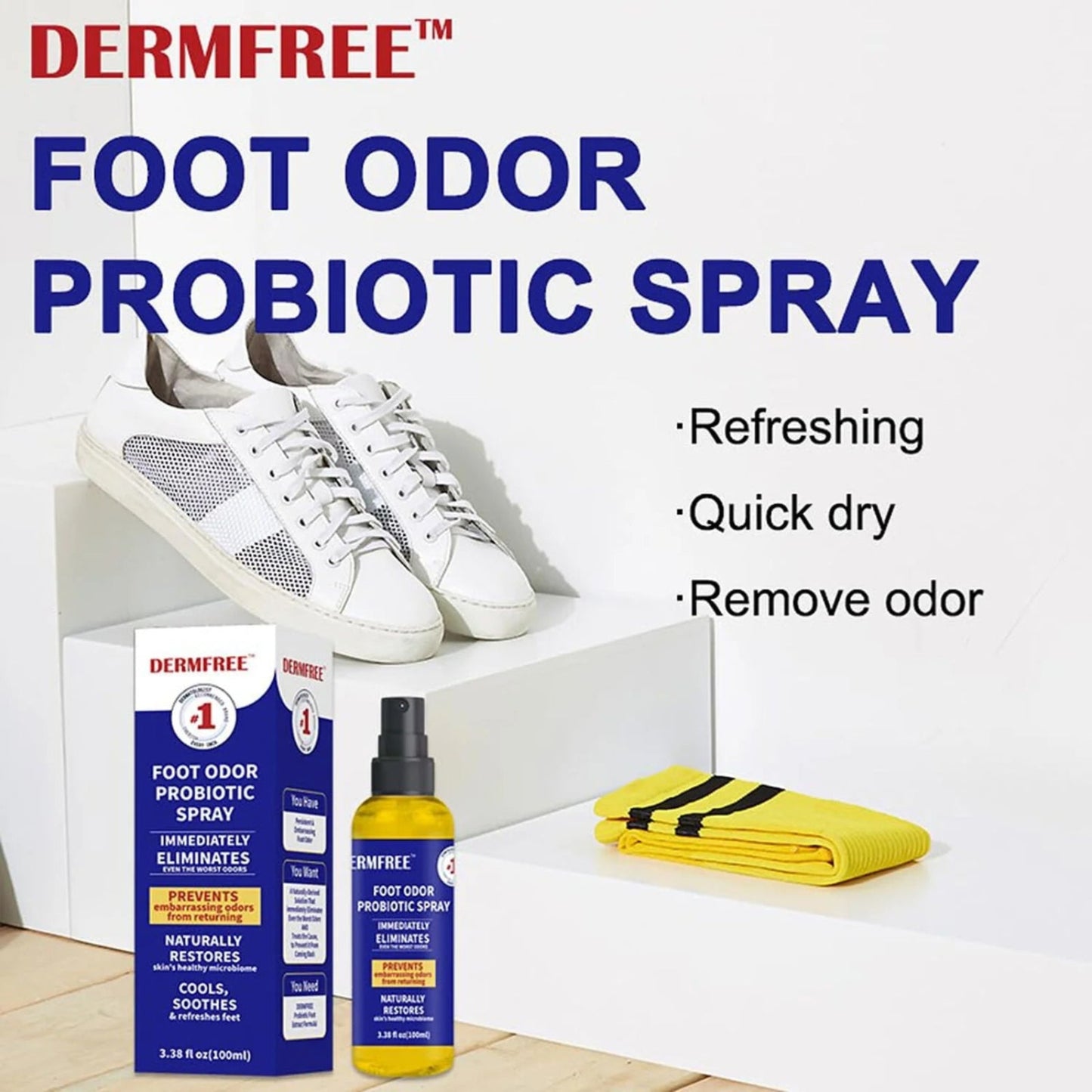 dermfree foot odor probiotic spray box + spray bottle + features