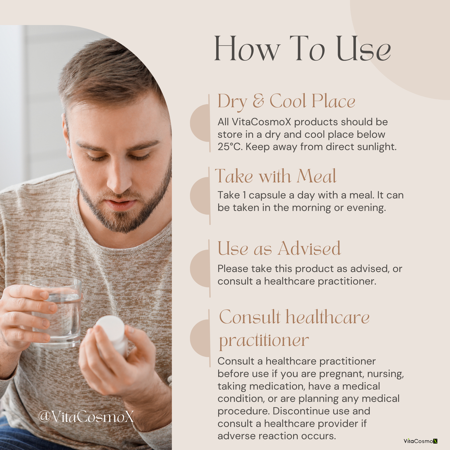 VitaCosmoX product usage guide with a man holding a bottle and glass.