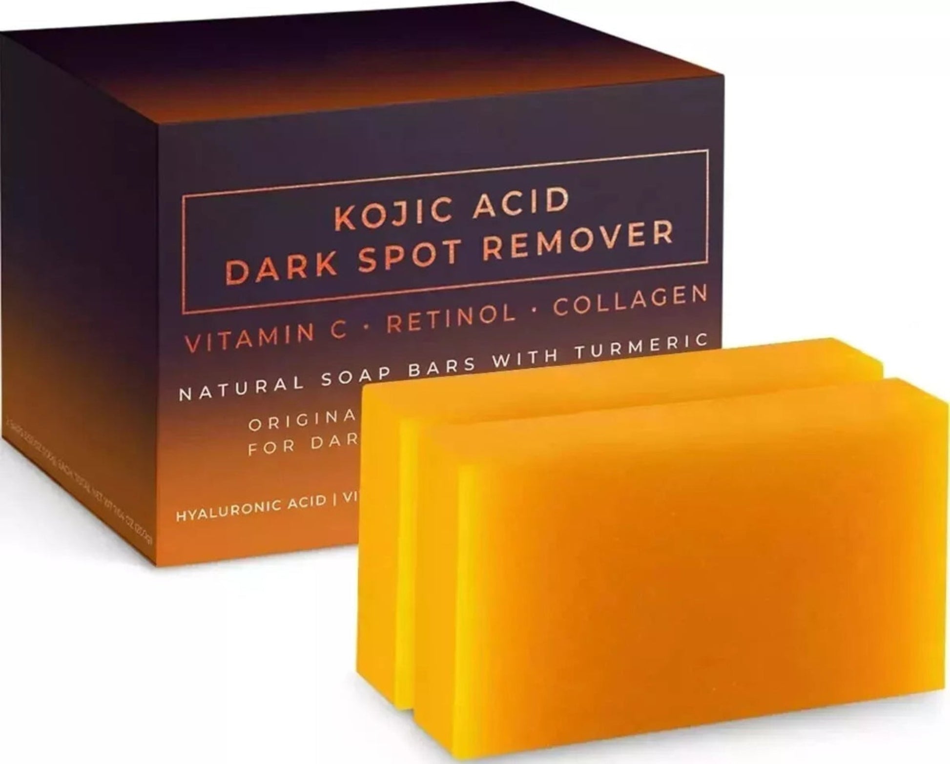 vitacosmox kojic acid soap with vitamin c, retinol, collagen, and turmeric box + soap