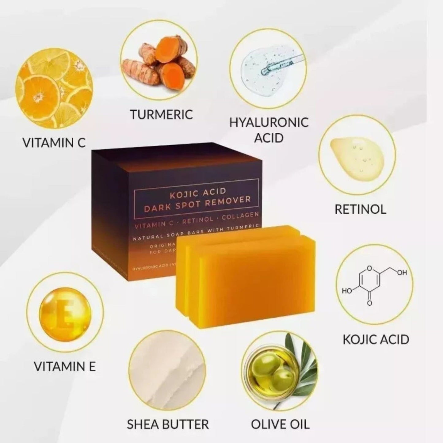 vitacosmox kojic acid soap with vitamin c, retinol, collagen, and turmeric key ingredients