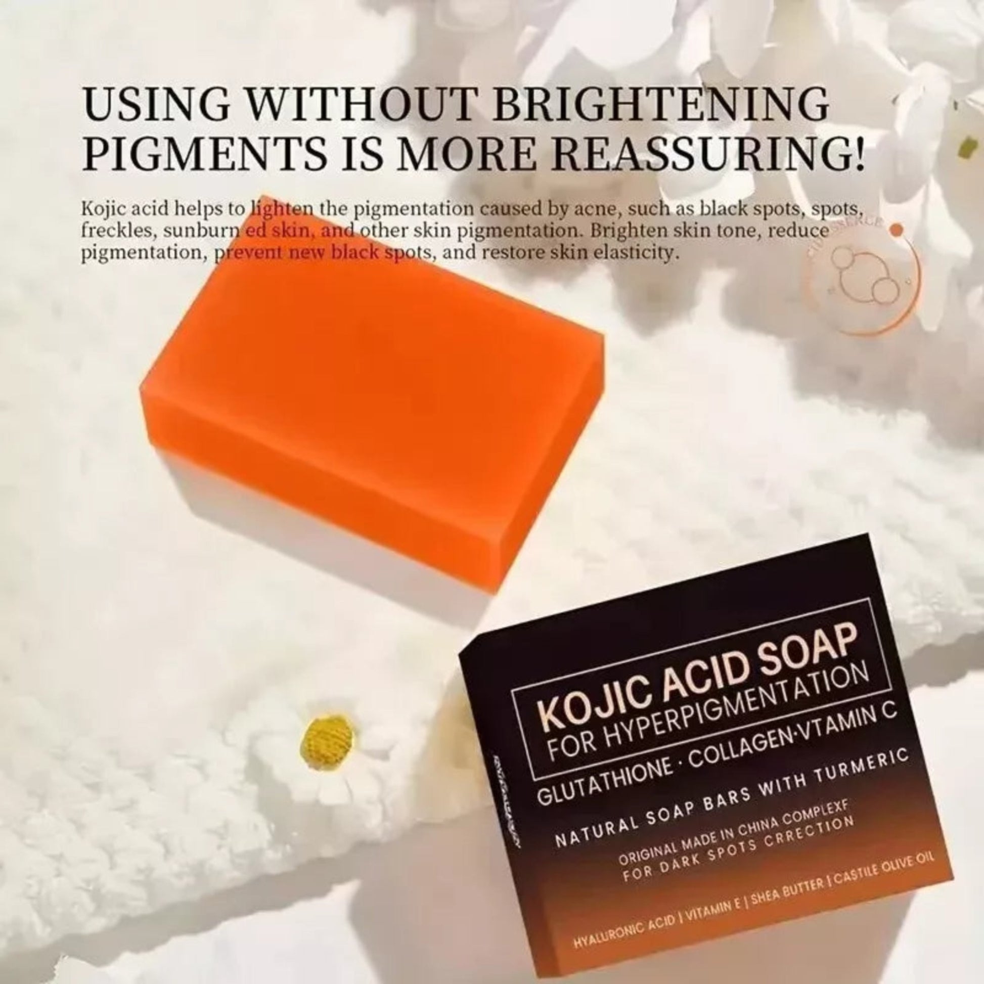 vitacosmox kojic acid soap with vitamin c, retinol, collagen, and turmeric description