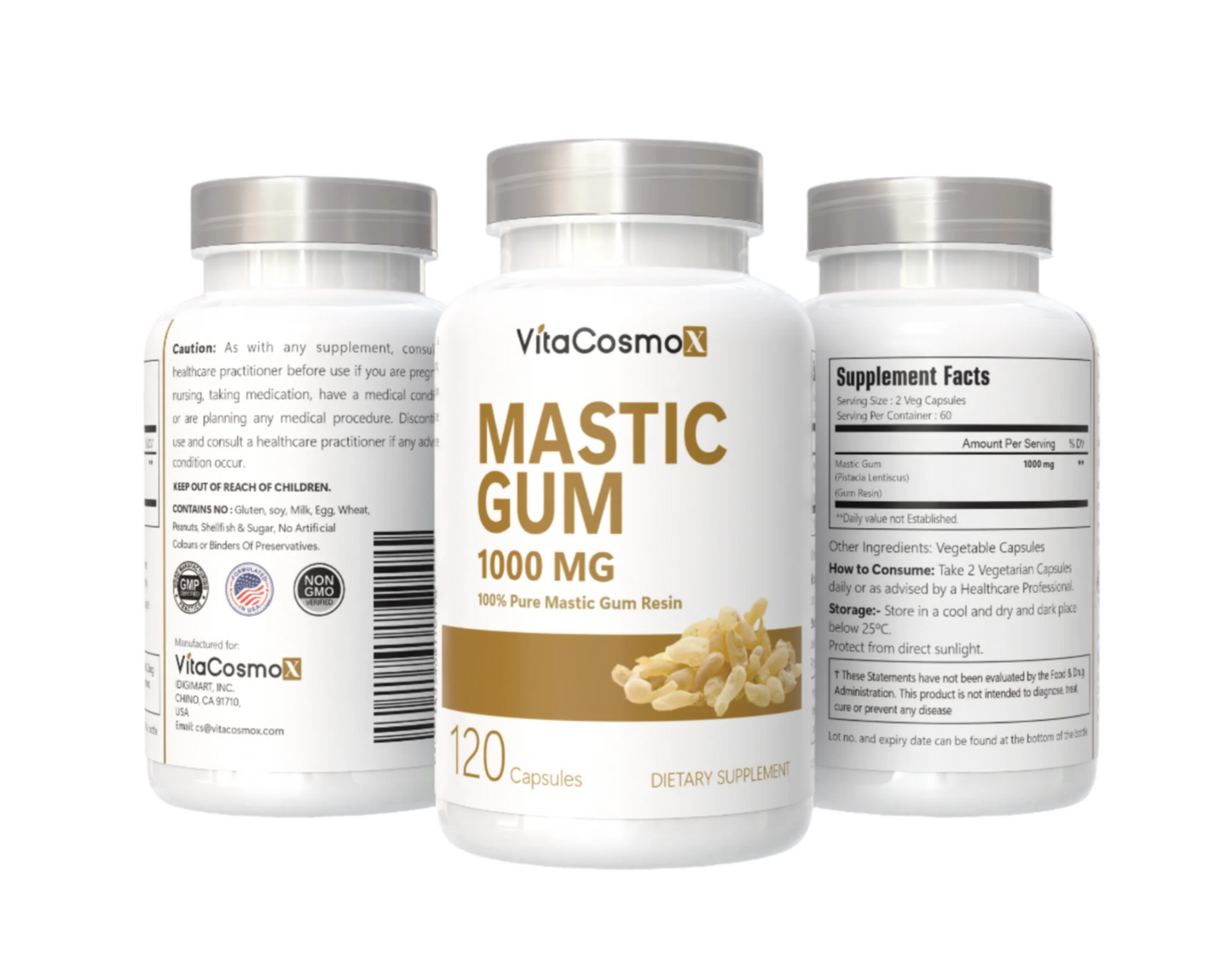 VitaCosmoX Mastic Gum supplement bottles on a white background - all three sides