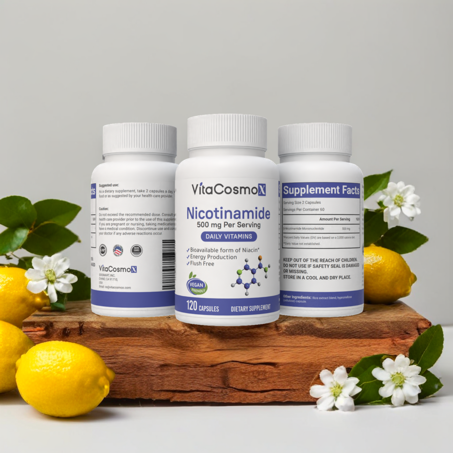 VitaCosmoX Nicotinamide all three sides - 120 capsules (with background)
