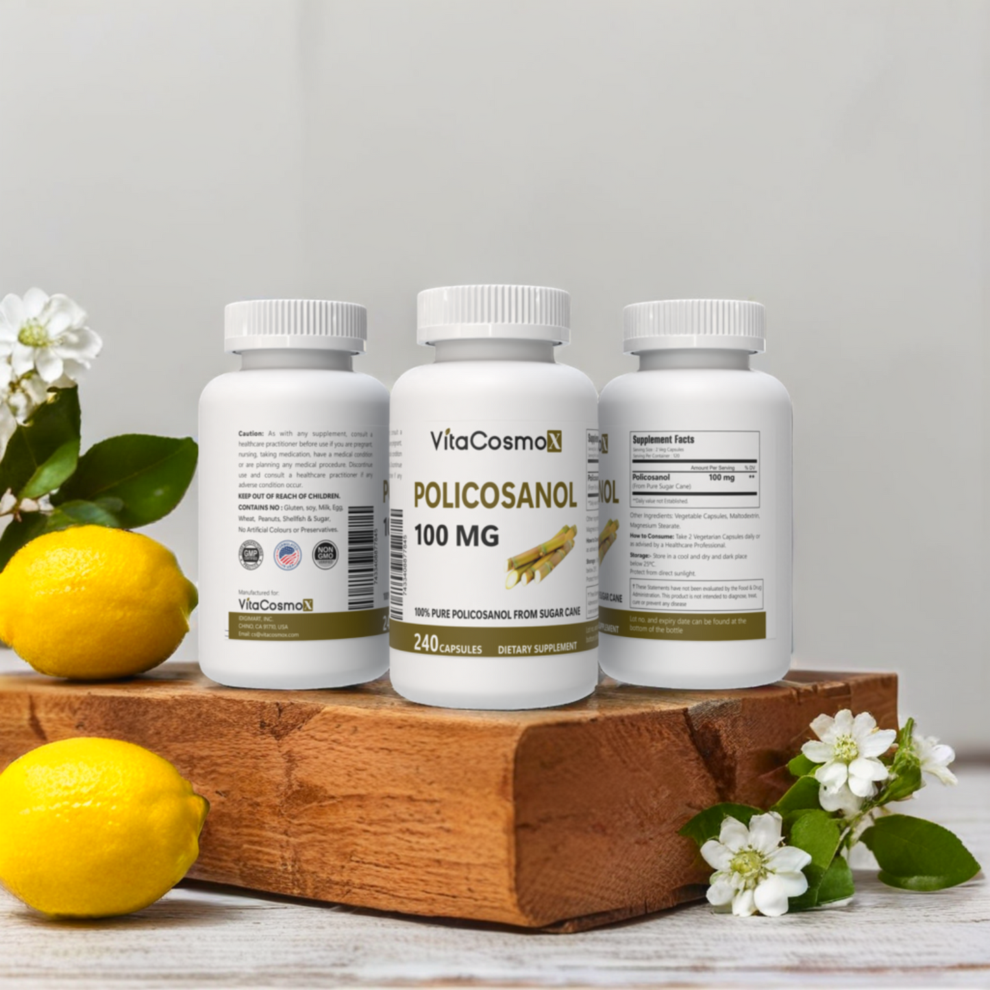 VitaCosmoX policosanol all three sides - 240 capsules (with background)