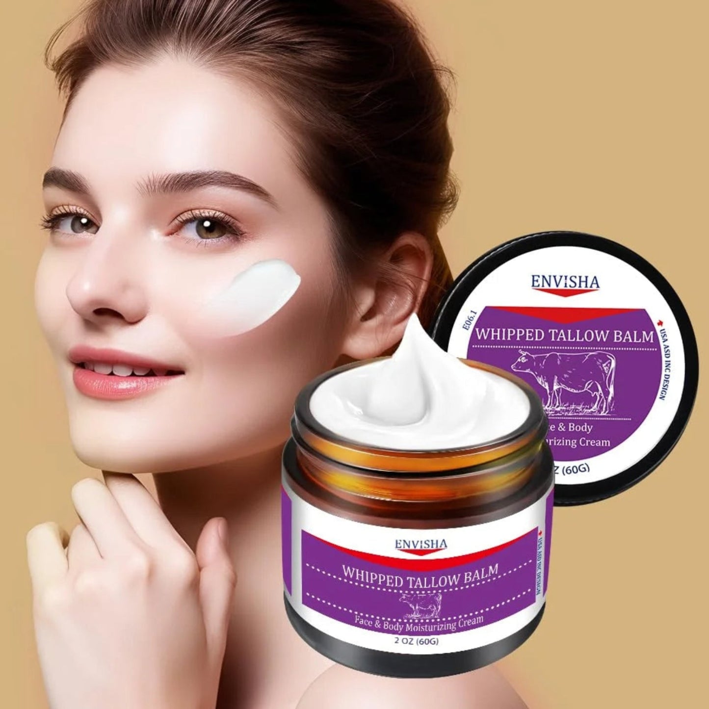vitacosmox whipped tallow balm for face and body jar + model 2