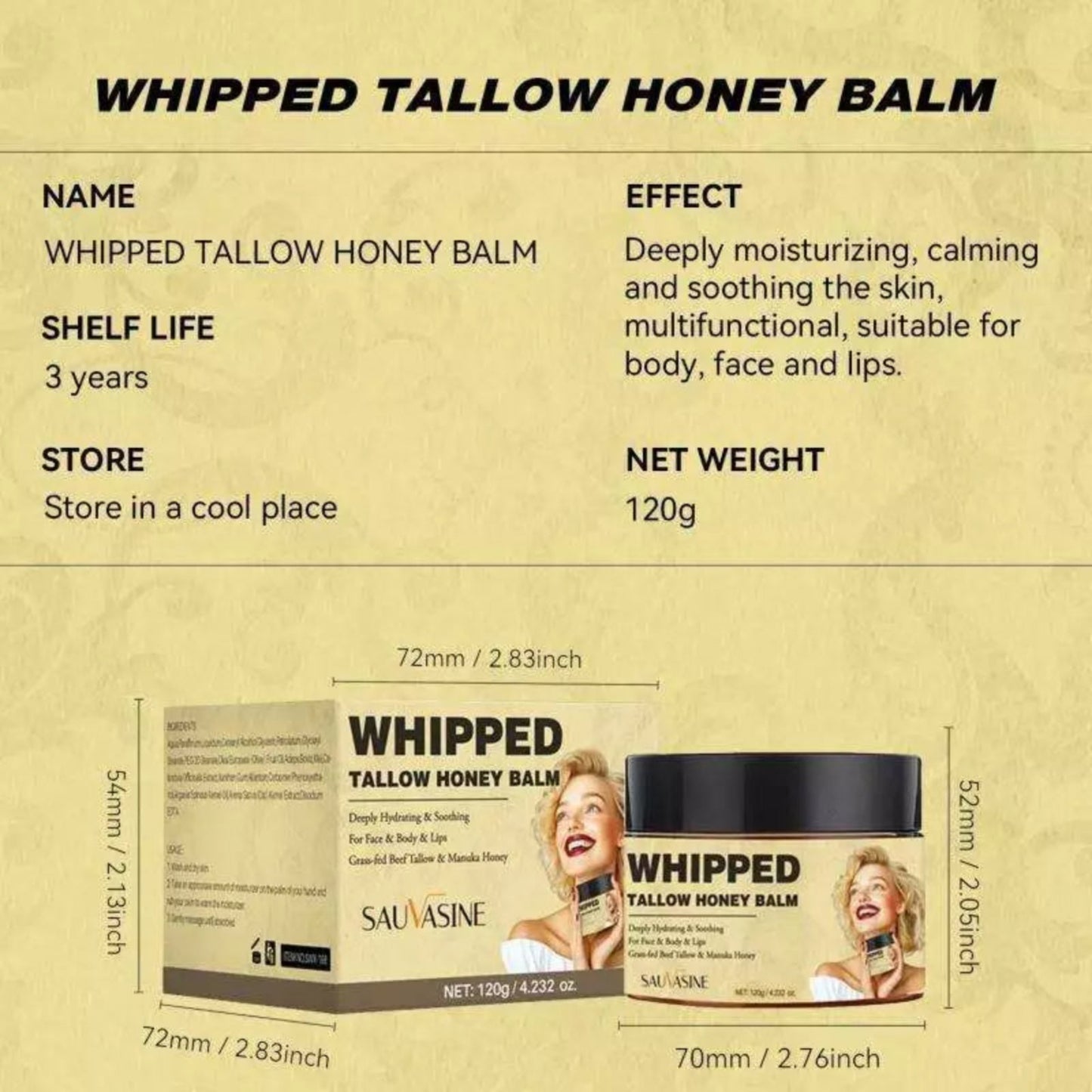 whipped tallow honey balm face cream product detail diagram with dimensions