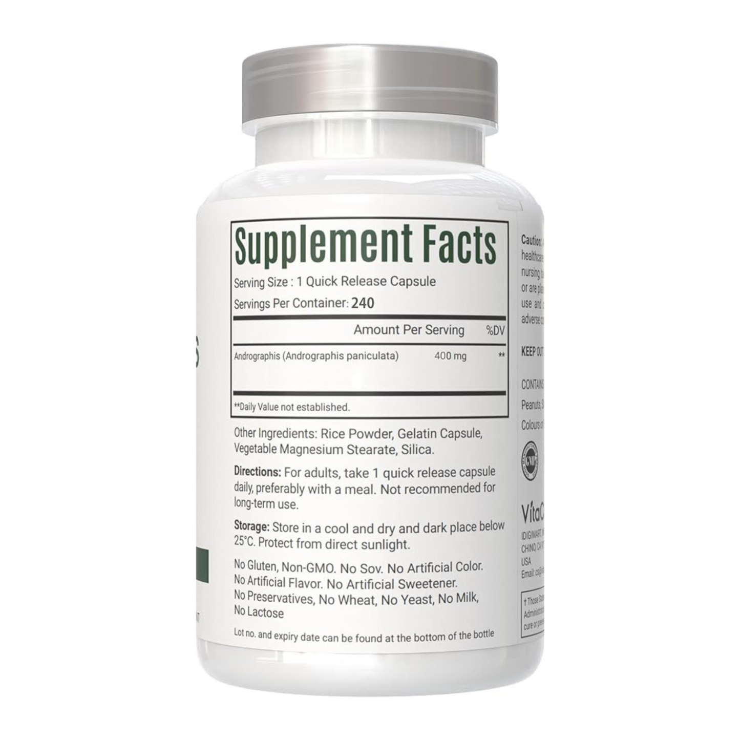 VitaCosmoX Andrographis Paniculata Supplement bottle with label showing 'Supplement Facts' on a white background