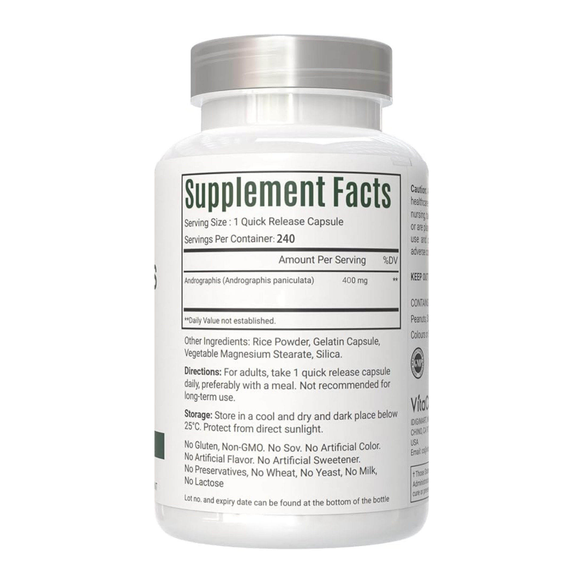 VitaCosmoX Andrographis Paniculata Supplement bottle with label showing 'Supplement Facts' on a white background