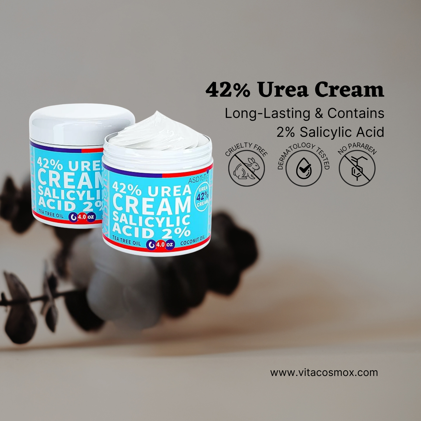 VitaCosmoX 42% Urea Cream with 2% Salicylic Acid – Extra Strength Hydration for Rough Skin