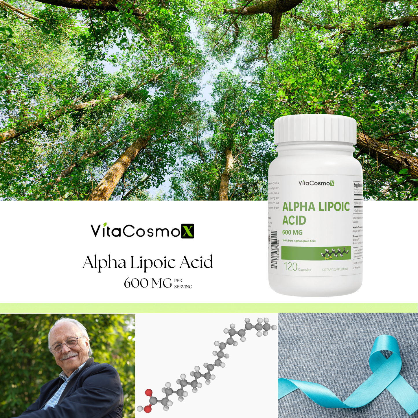 VitaCosmo Alpha Lipoic Acid supplement bottle with a nature background 600 mg 120 capsules