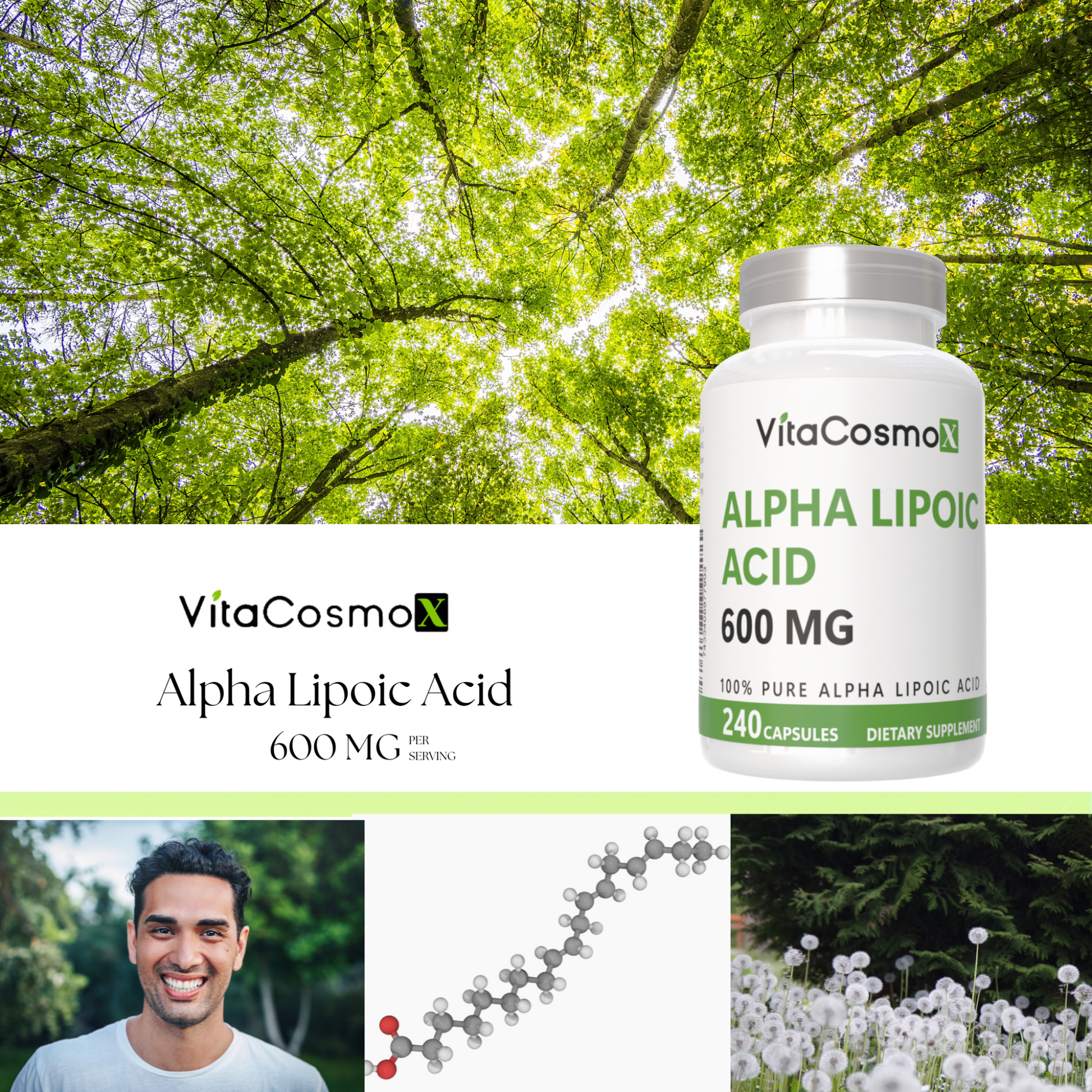 VitaCosmo Alpha Lipoic Acid supplement bottle with nature-themed background 600 mg 240 capsules