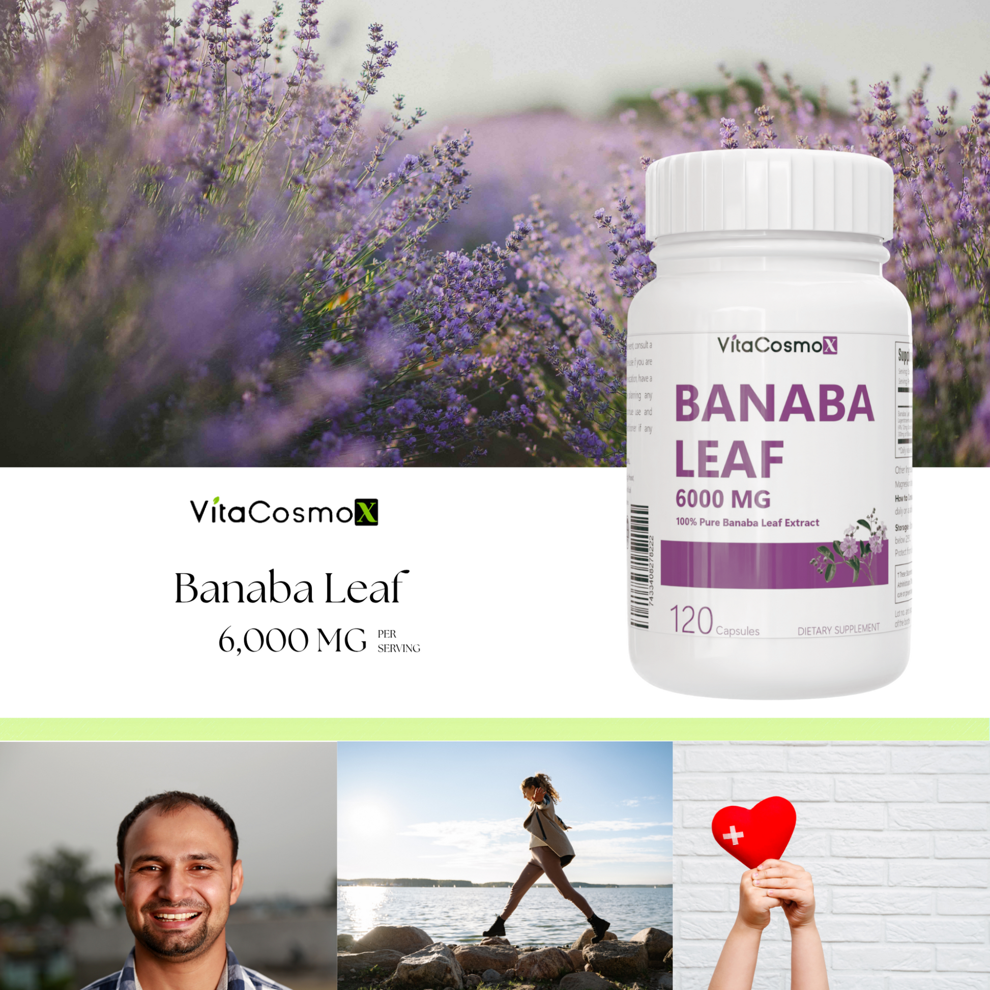 VitaCosmoX Banaba Leaf supplement bottle with lavender flowers in the background 6000 mg 120 capsules