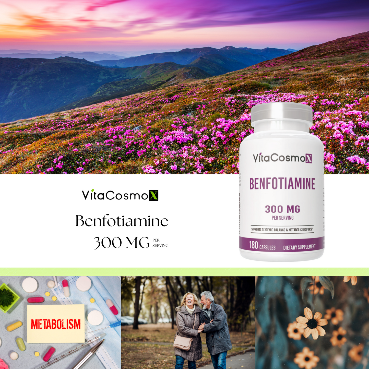 VitaCosmo Benfotiamine 300 mg 180 capsules infographic