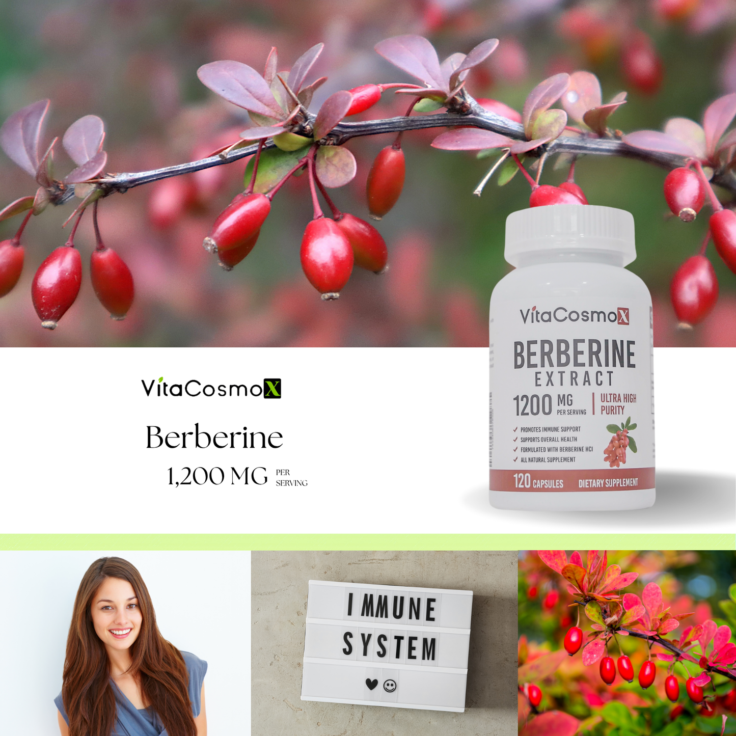 VitaCosmo Berberine supplement bottle with red berries and a woman on a white background