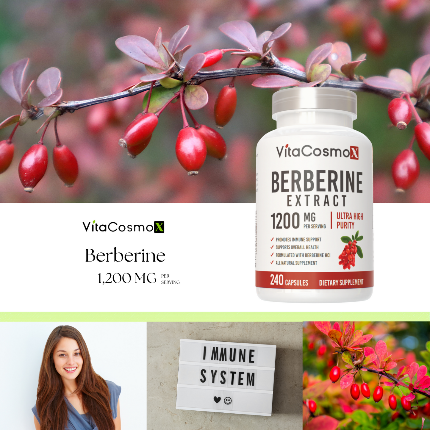 VitaCosmo Berberine Extract supplement bottle with red berries 1200 mg 240 capsules