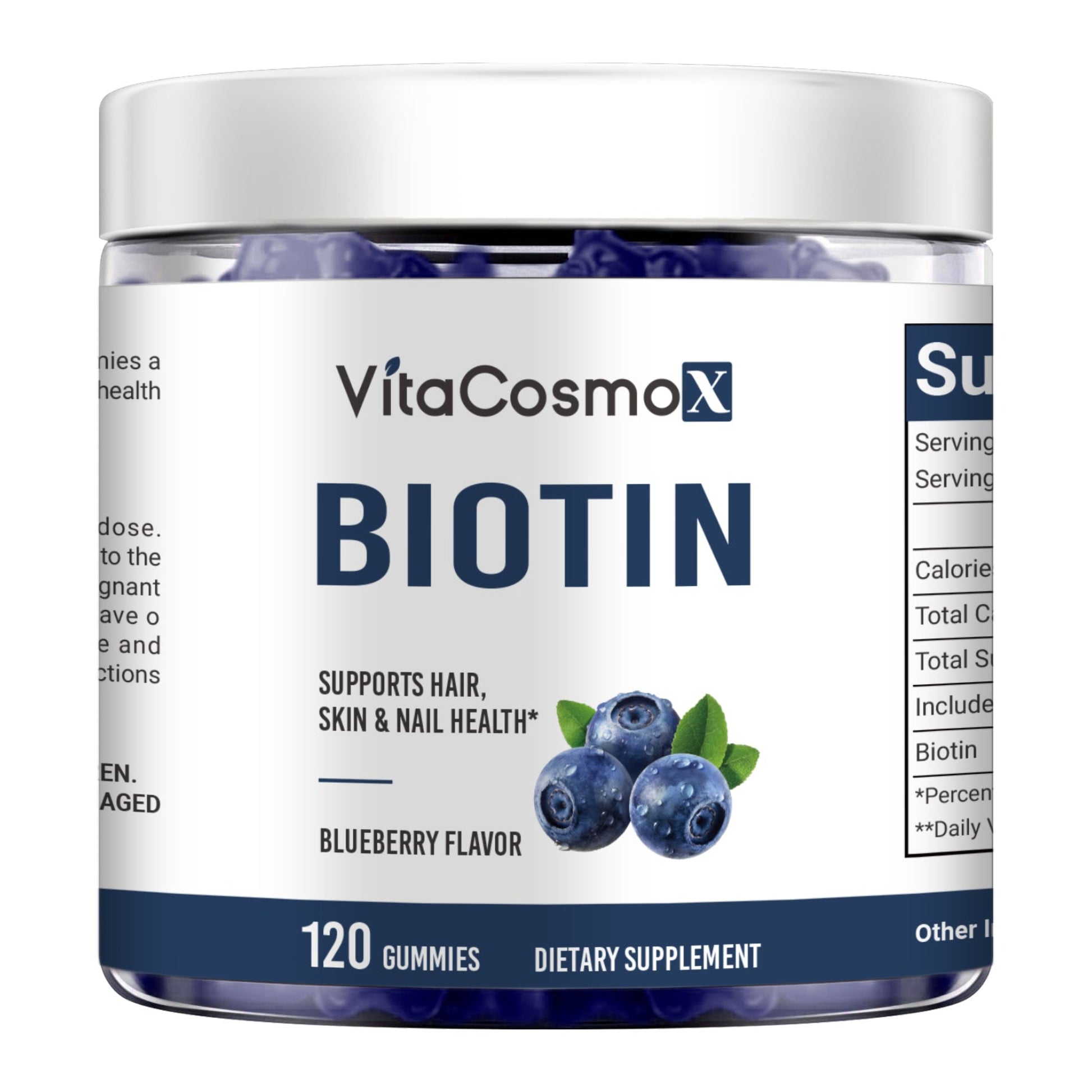 VitaCosmoX Biotin supplement container with blueberries on a white background