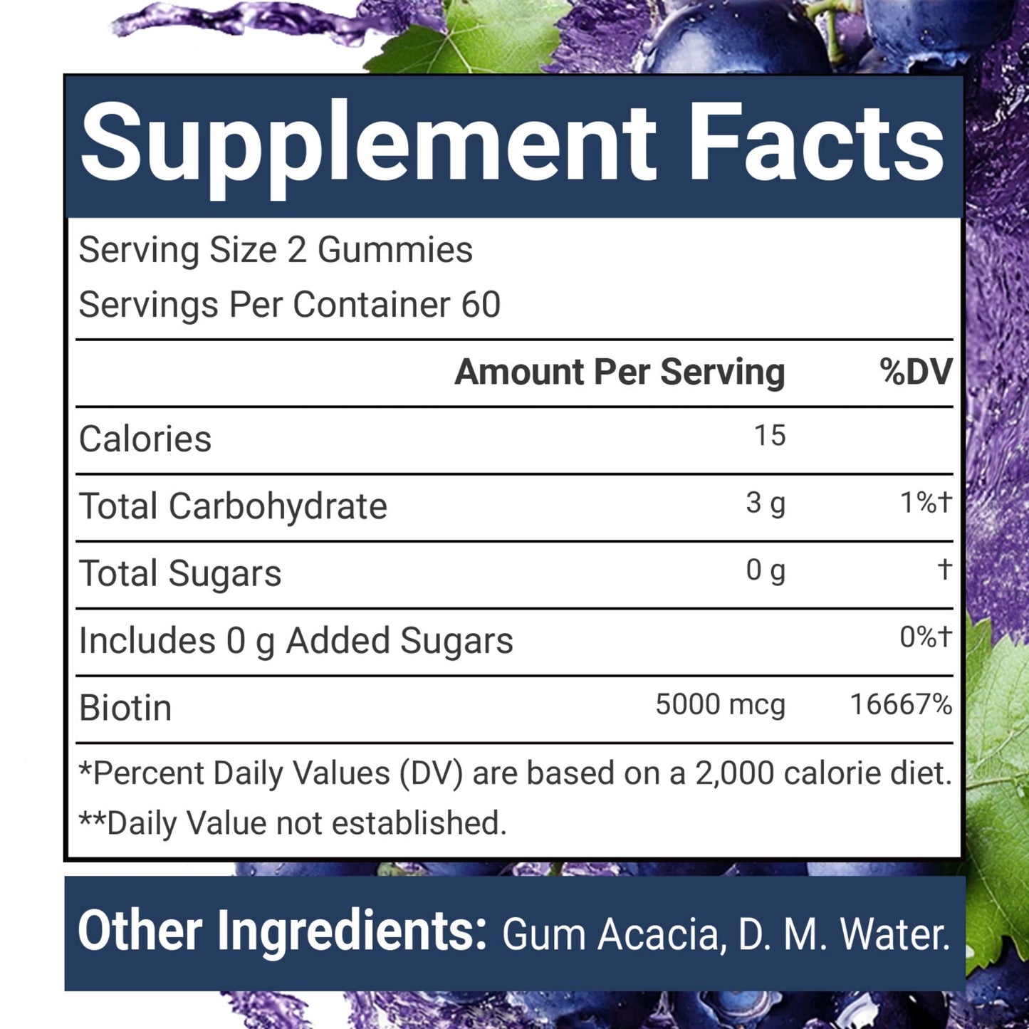 VitaCosmoX Biotin Supplement facts label for gummy vitamins with a blue border and purple background.