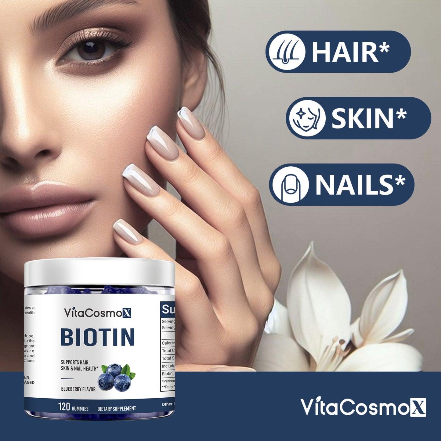 VitaCosmoX Biotin supplement with a woman's hand and face, highlighting hair, skin, and nails benefits.