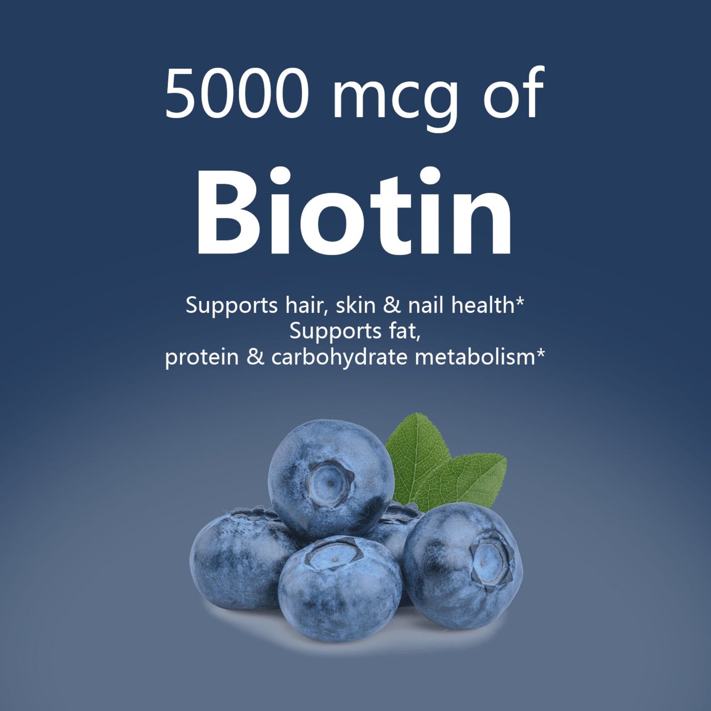 Blueberries with text about biotin on a blue background