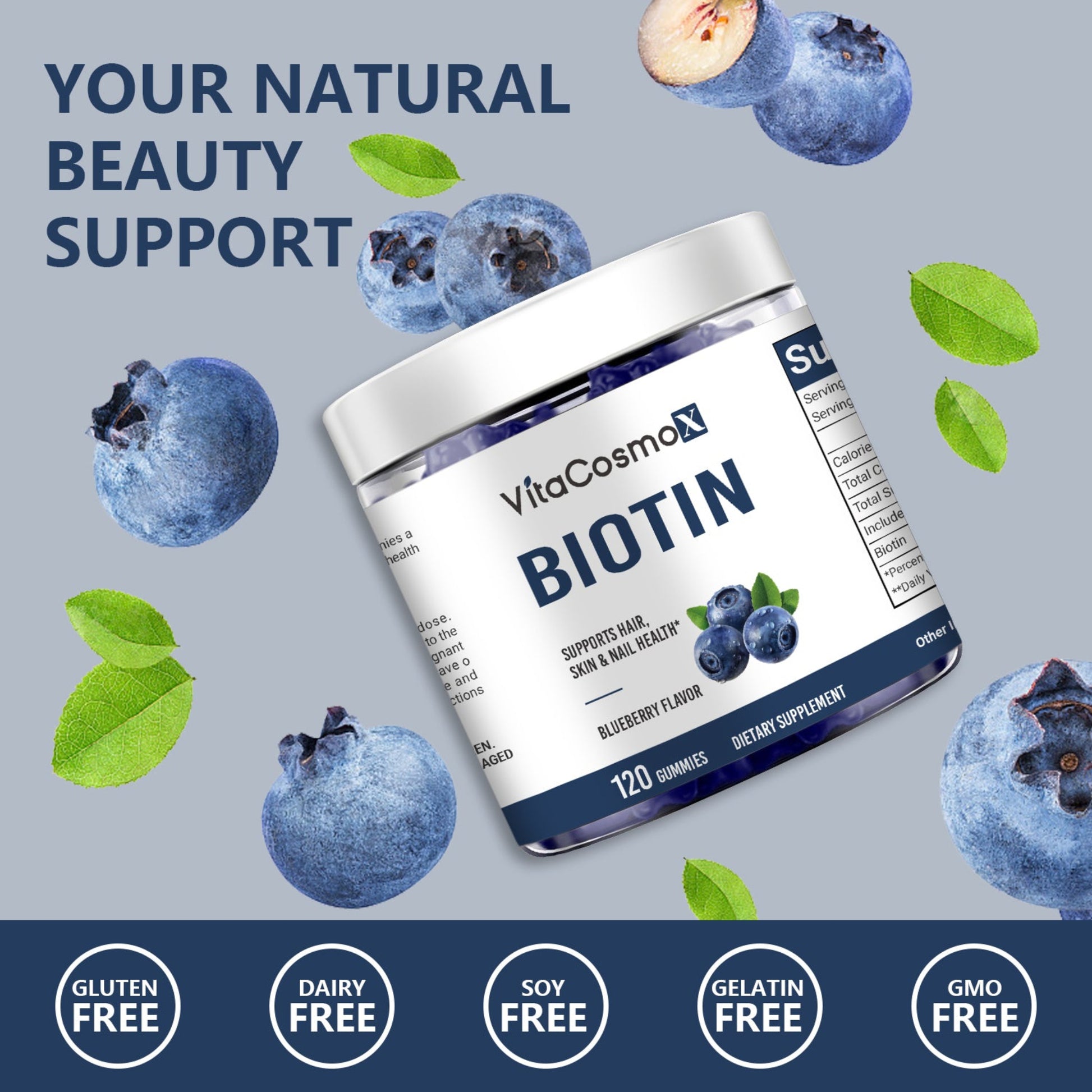 VitaCosmoX Biotin supplement jar with blueberries and green leaves on a light gray background