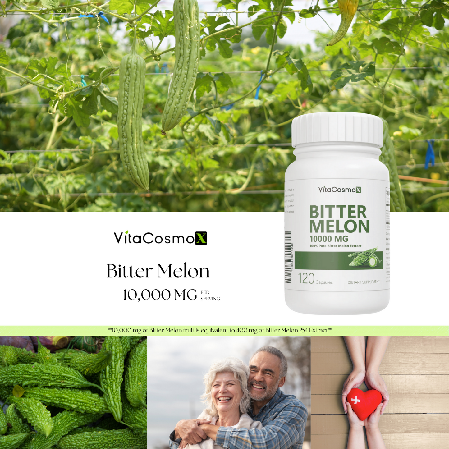 VitaCosmo Bitter Melon supplement bottle with a field of bitter melons in the background 10000 mg 120 capsules