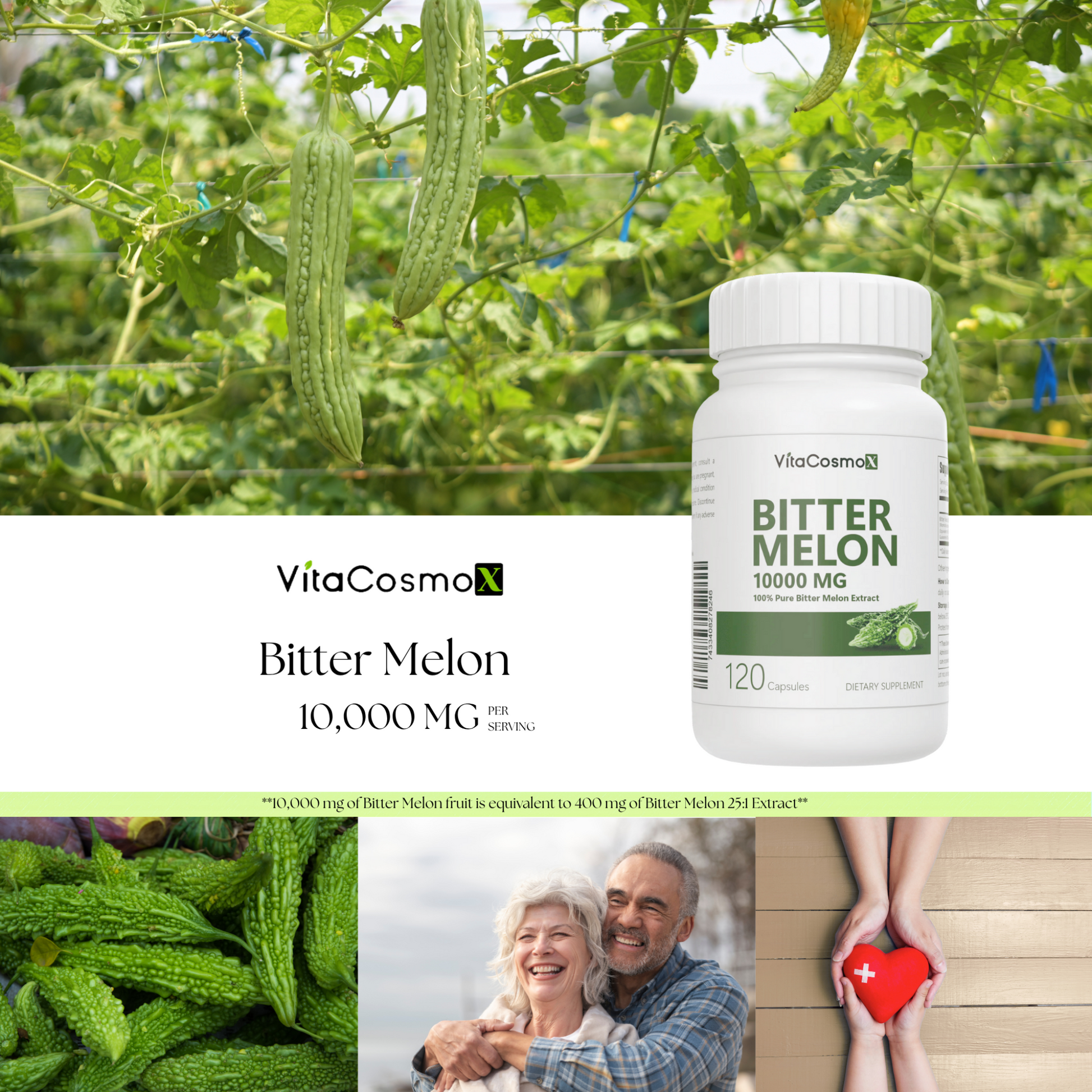 VitaCosmo Bitter Melon supplement bottle with a field of bitter melons in the background 10000 mg 120 capsules