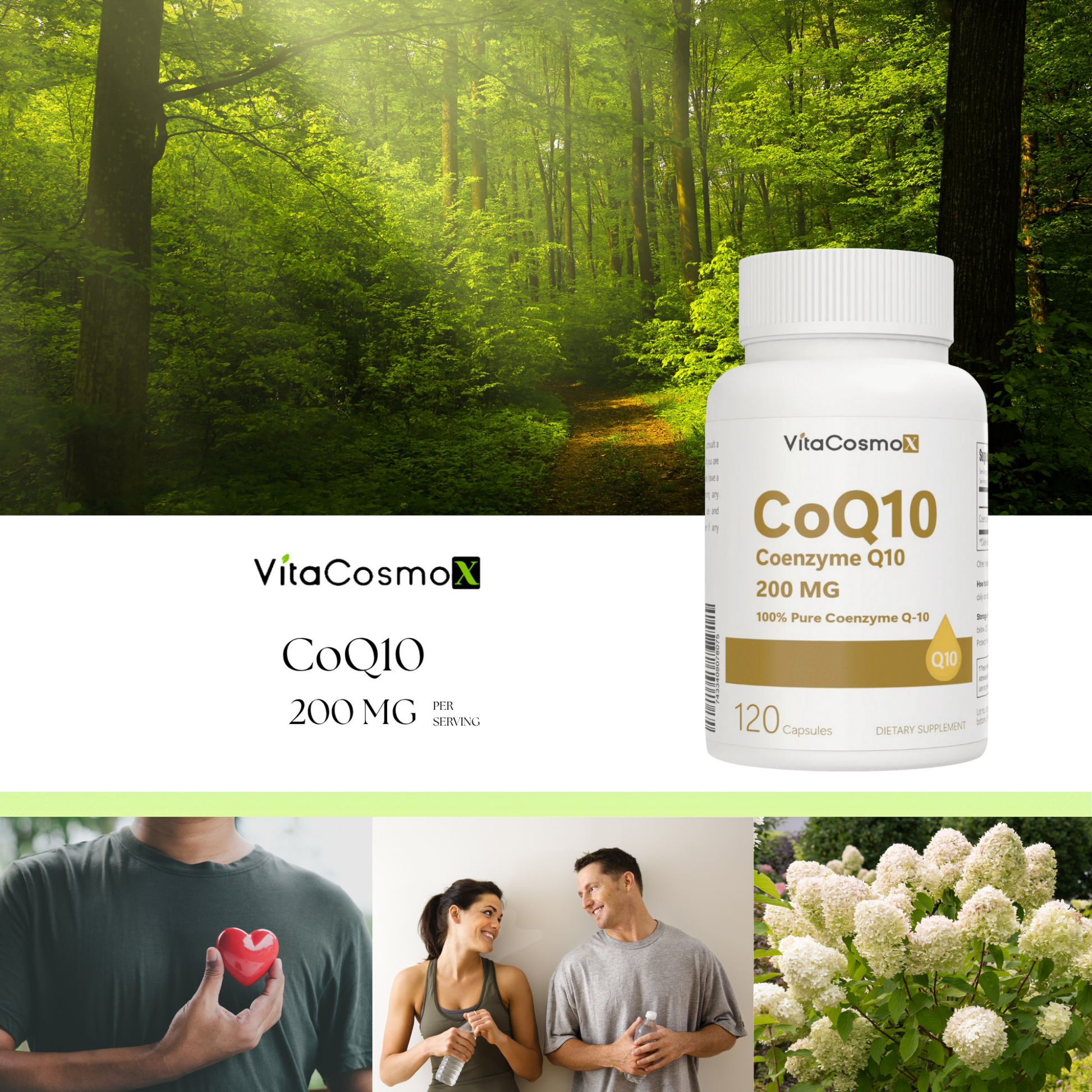 VitaCosmo COQ10 supplement bottle with grass background 200 mg 120 capsules