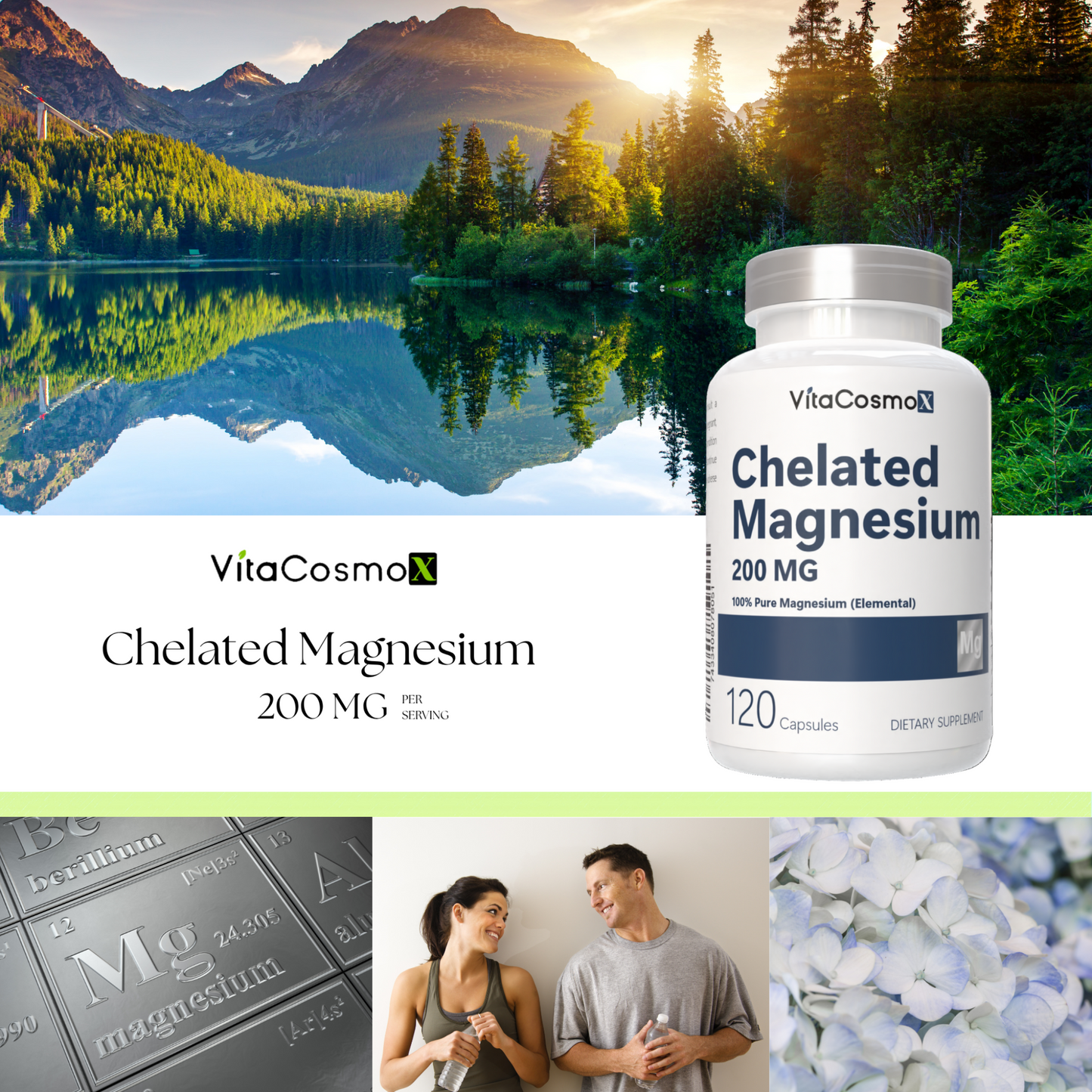 VitaCosmo Chelated Magnesium supplement bottle with a scenic background of a lake and mountains 200 mg 120 capsules