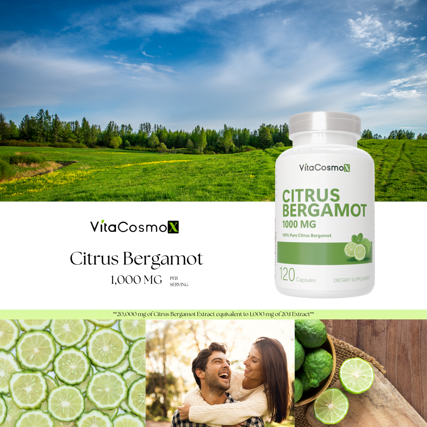VitaCosmo Citrus Bergamot supplement bottle with a scenic background 1000 mg 120 capsules