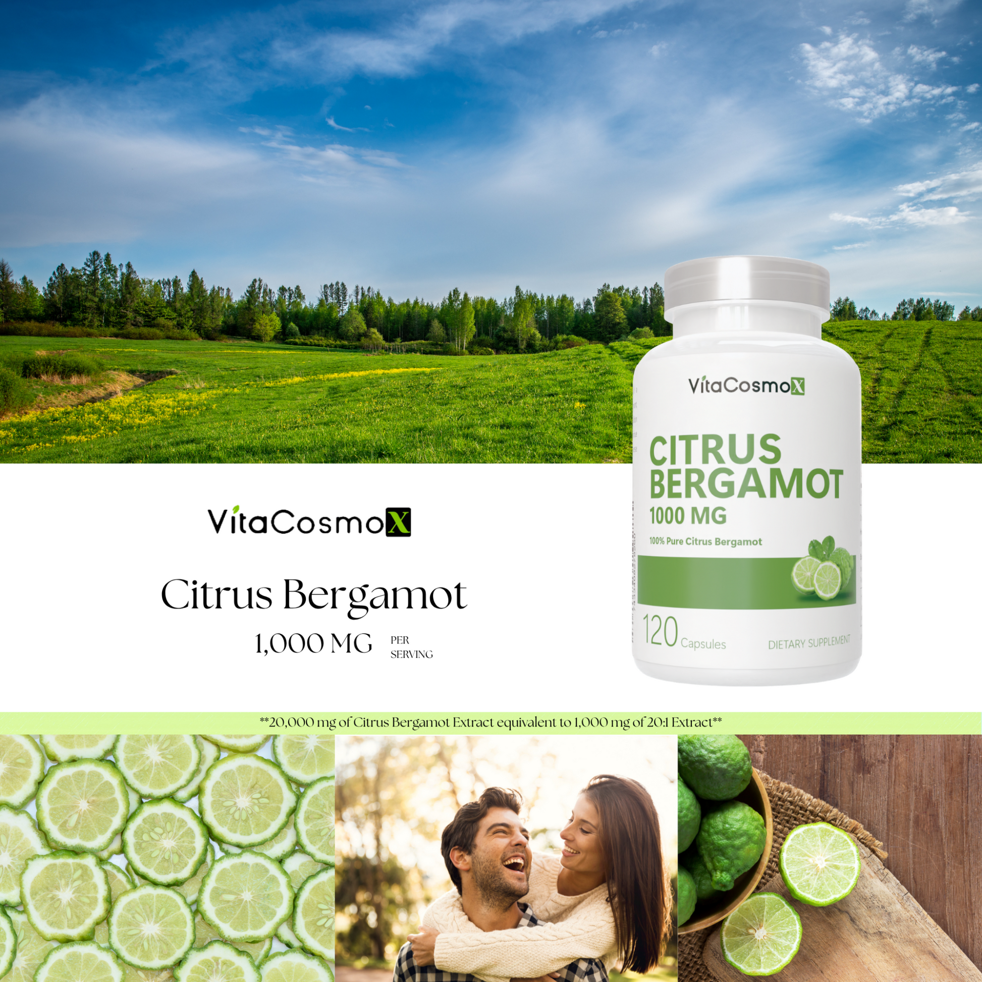 VitaCosmo Citrus Bergamot supplement bottle with a scenic background 1000 mg 120 capsules