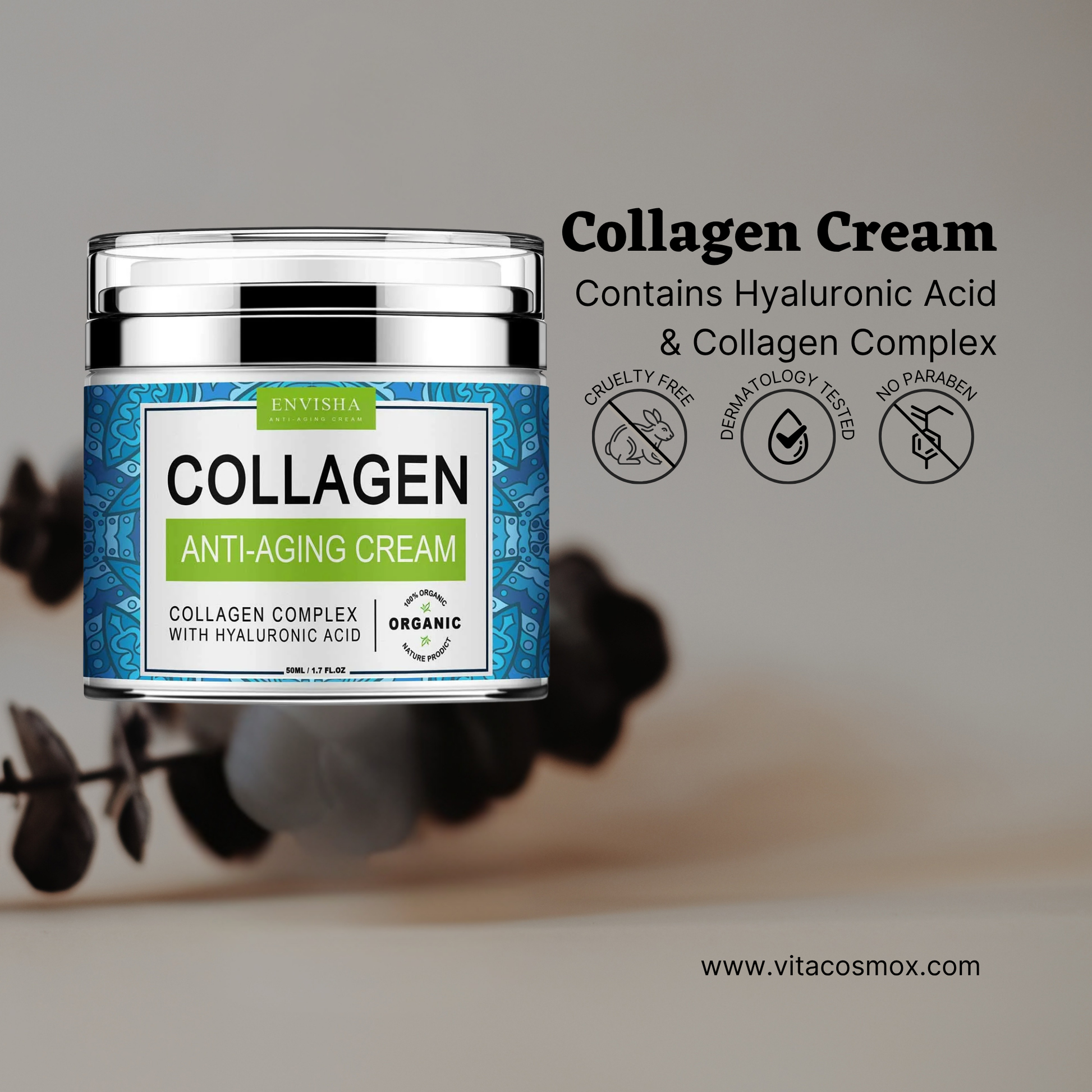 Collagen cream jar with label on a blurred background
