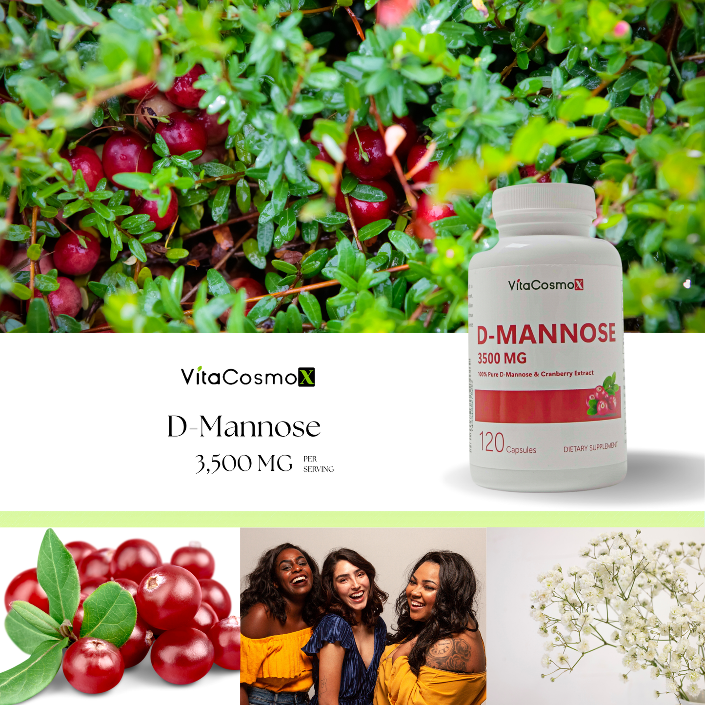 VitaCosmoX D-Mannose with Cranberry Extract – 3,500 mg | 120 Vegan Capsules