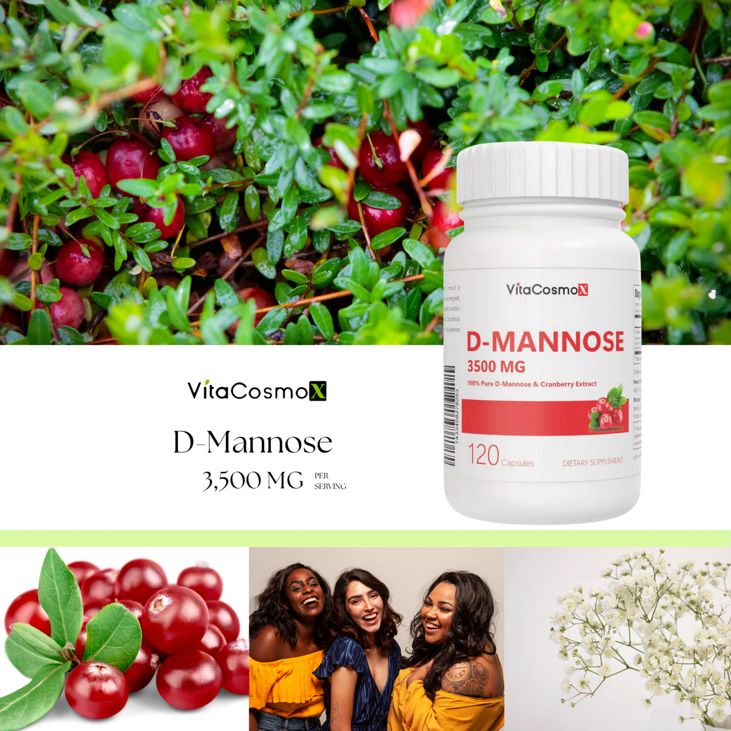 VitaCosmoX D-Mannose supplement bottle with cranberries and women in the background 3500 mg 120 capsules