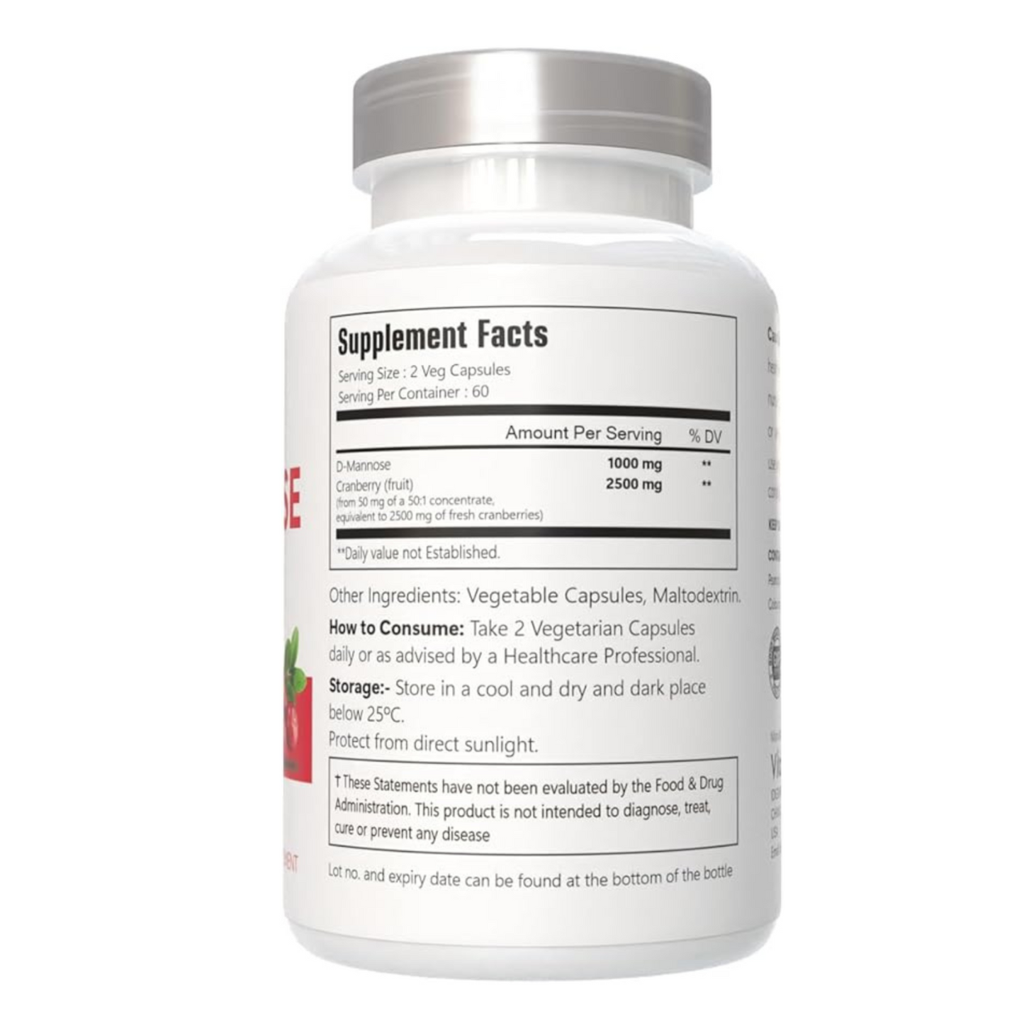 VitaCosmoX d-mannose supplement supplement fact side - 120 capsules