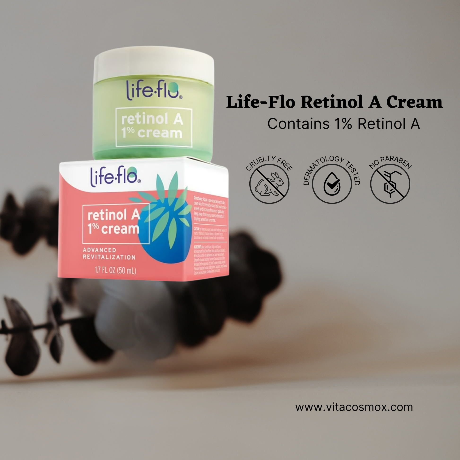 Life-Flo Retinol A Cream packaging with product and box on a blurred background
