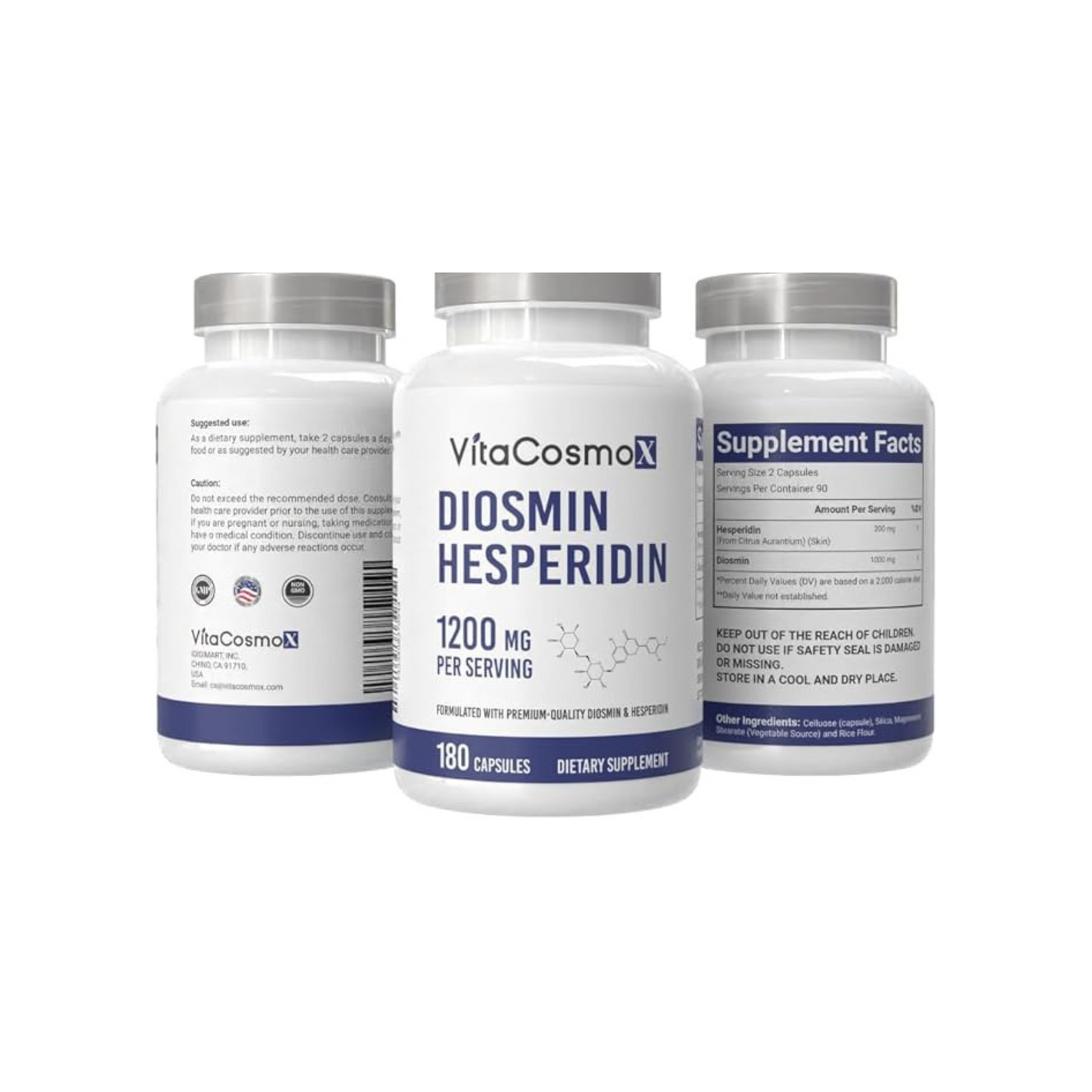 All three sides of VitaCosmoX Diosmin Hesperidin supplement on a white background