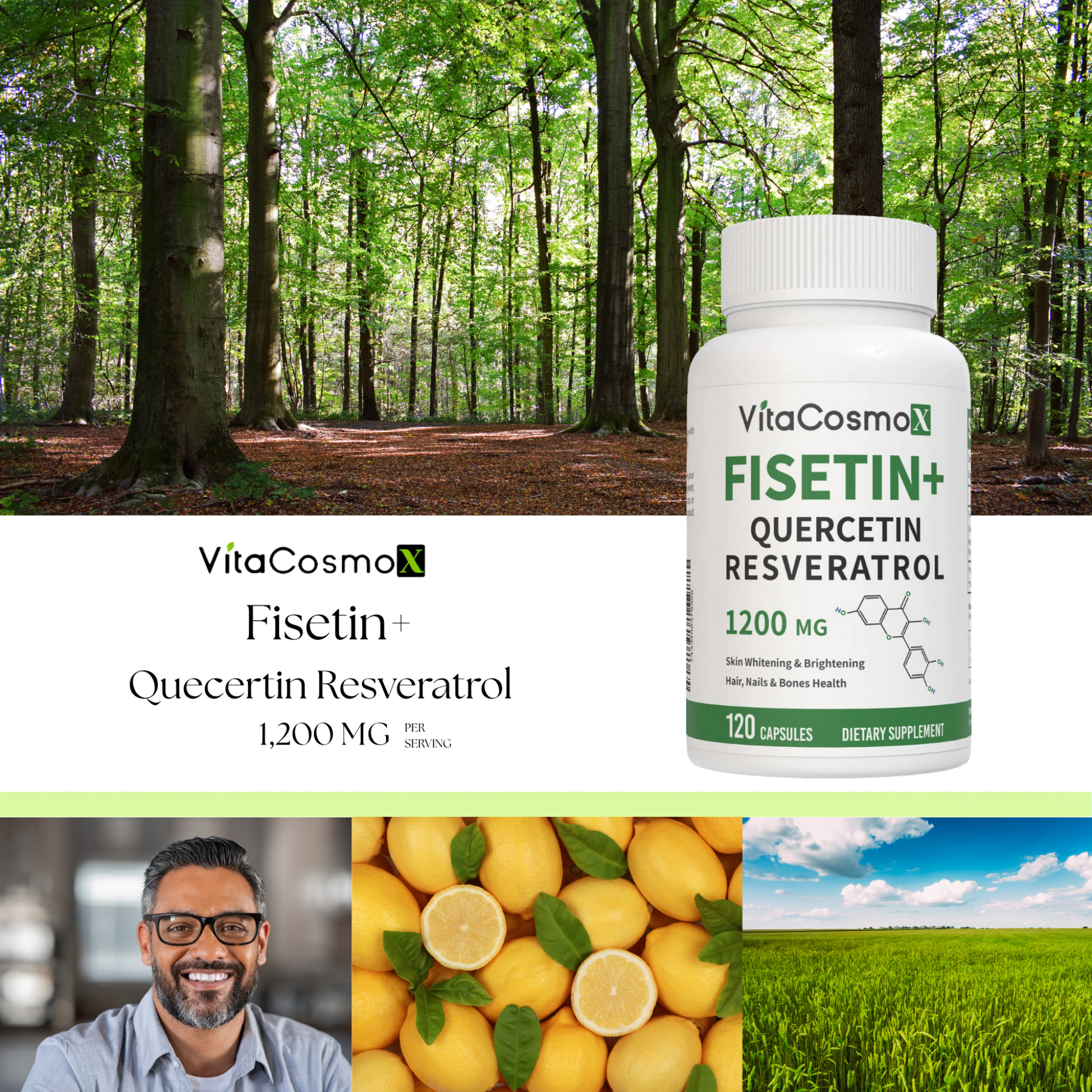 VitaCosmoX Fisetin+ Quercetin Resveratrol supplement bottle with nature-themed background 1200 mg 120 capsules