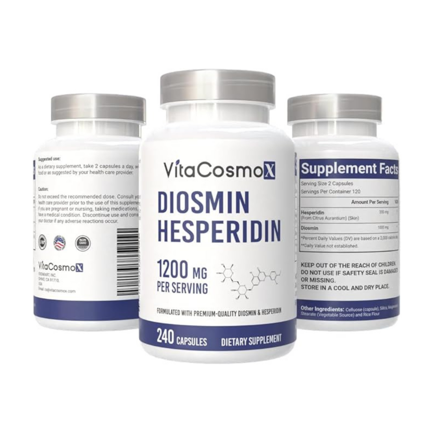 Three bottles of VitaCosmoX Diosmin Hesperidin dietary supplements on a white background