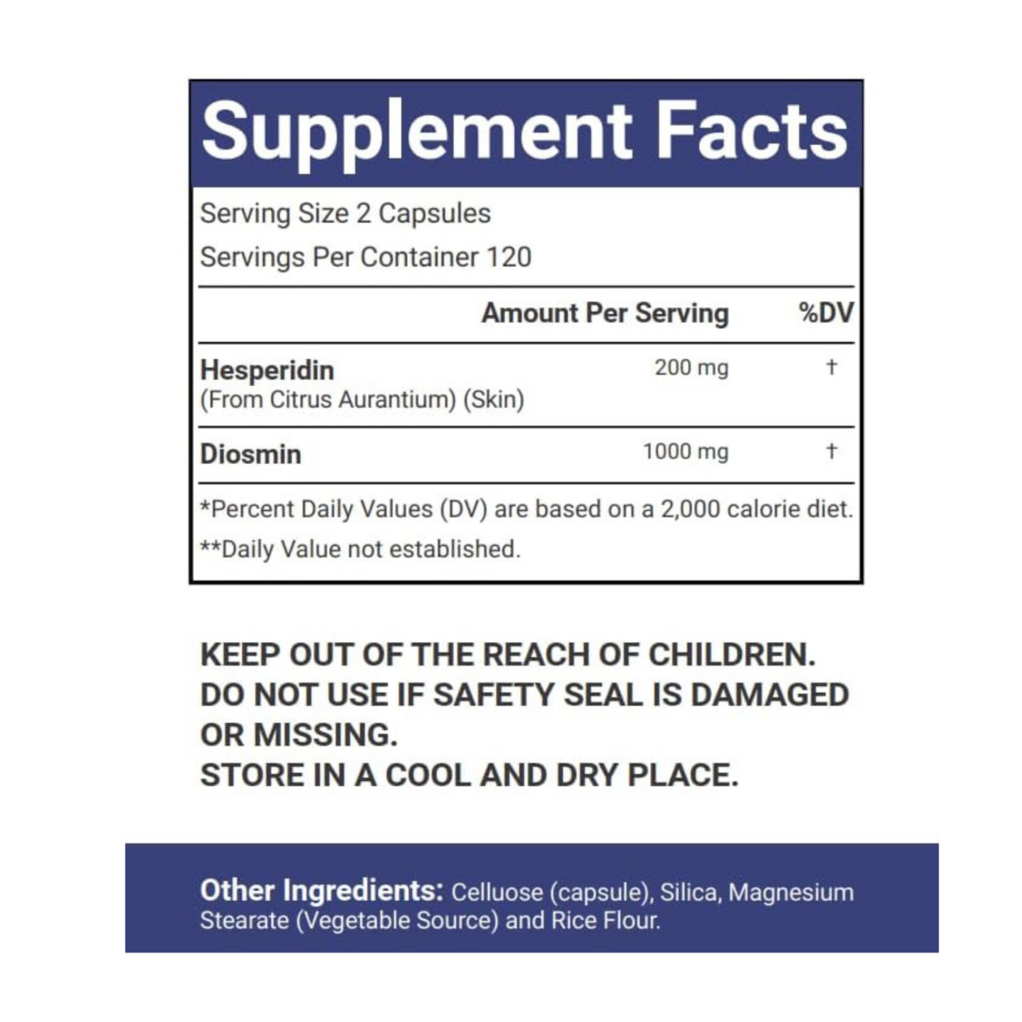 VitaCosmoX Hesperidin Supplement facts label with ingredients and storage instructions on a white background
