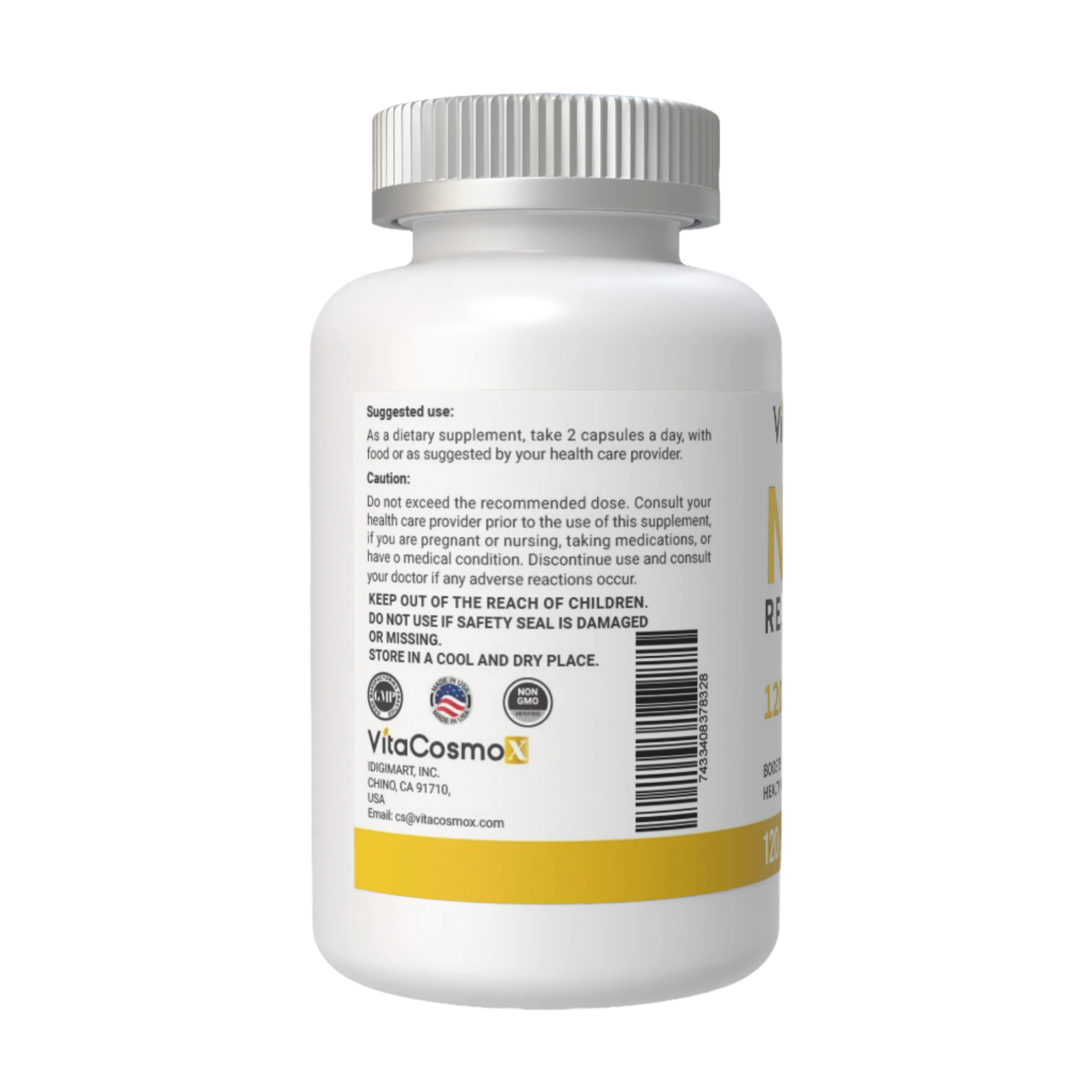 VitaCosmoX  nad caution warning label side - 120 capsules