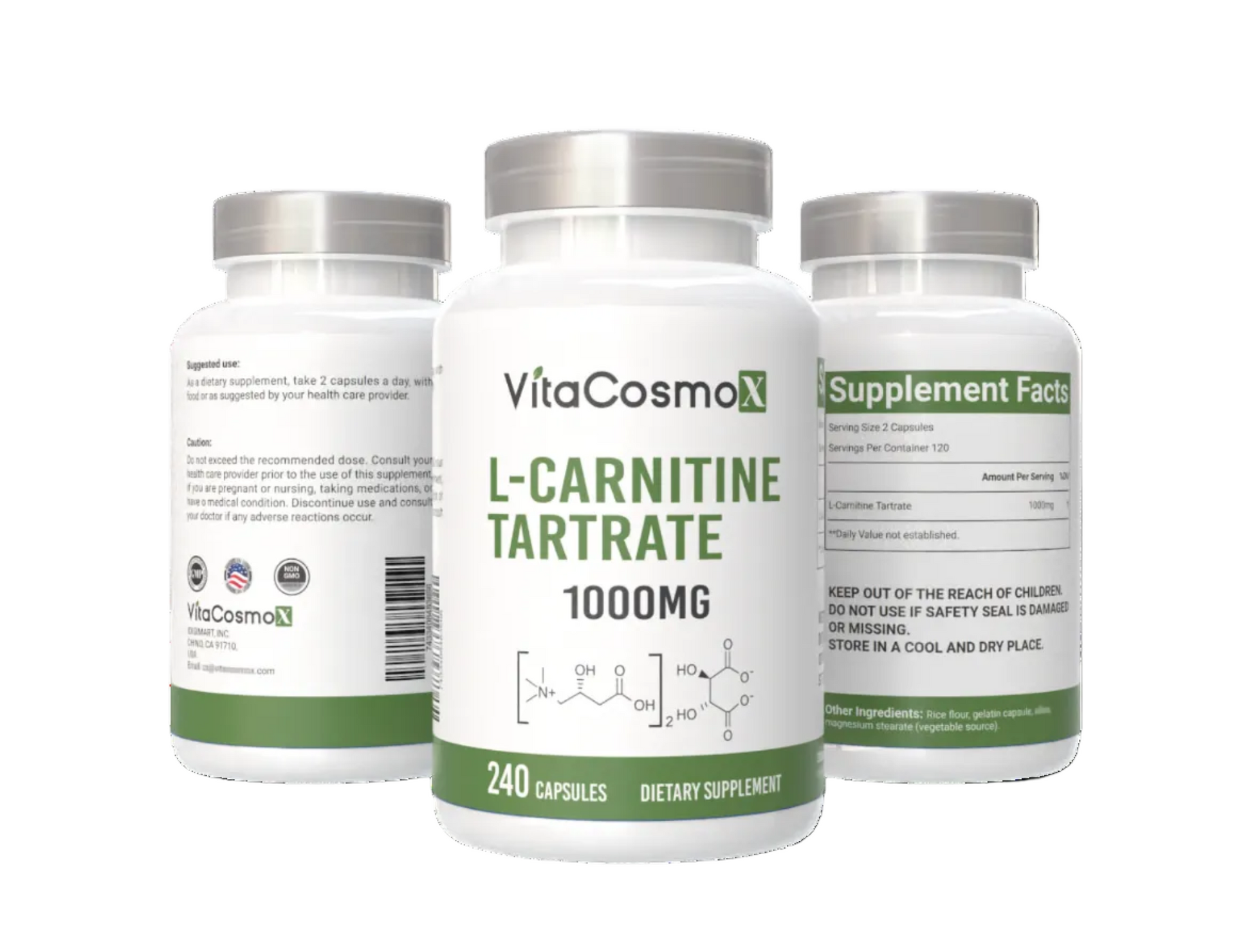 VitaCosmoX L-Carnitine Tartrate supplement bottles on a white background