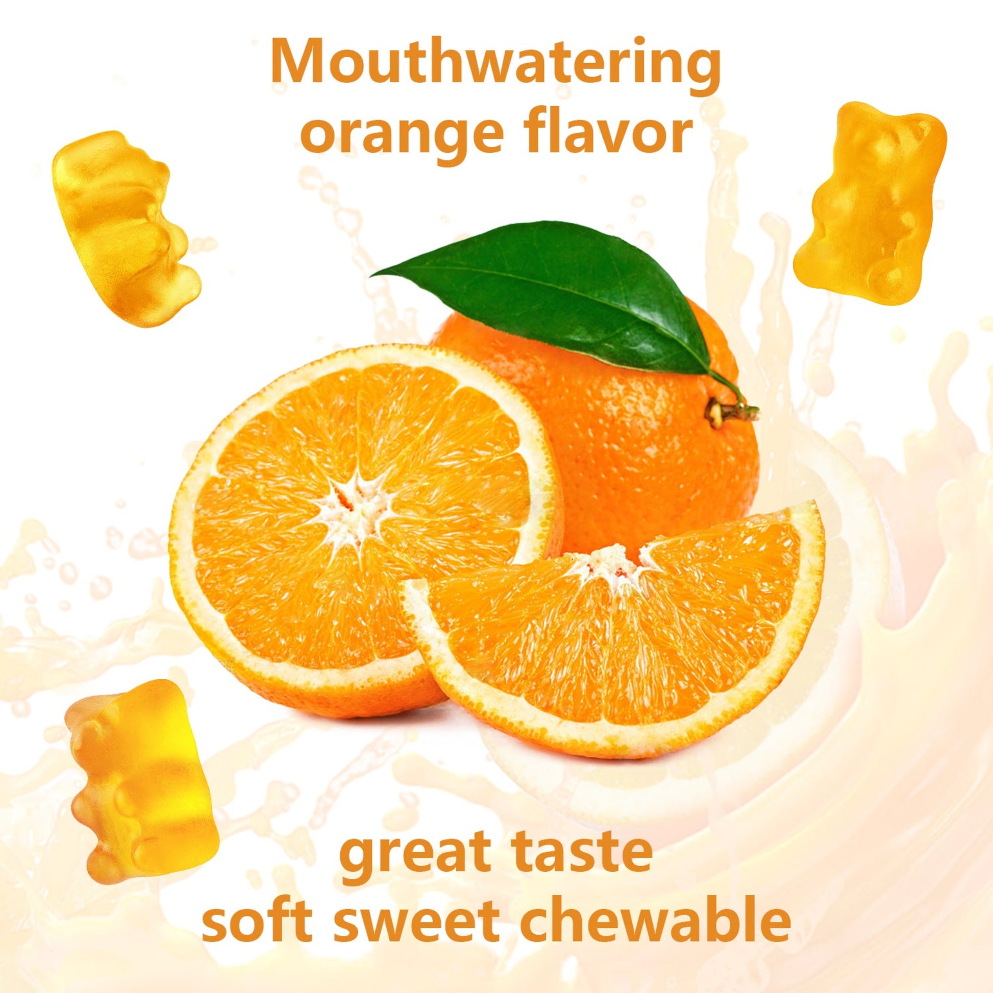 Orange slices with a leaf, surrounded by gummy bears and text about orange flavor and taste.