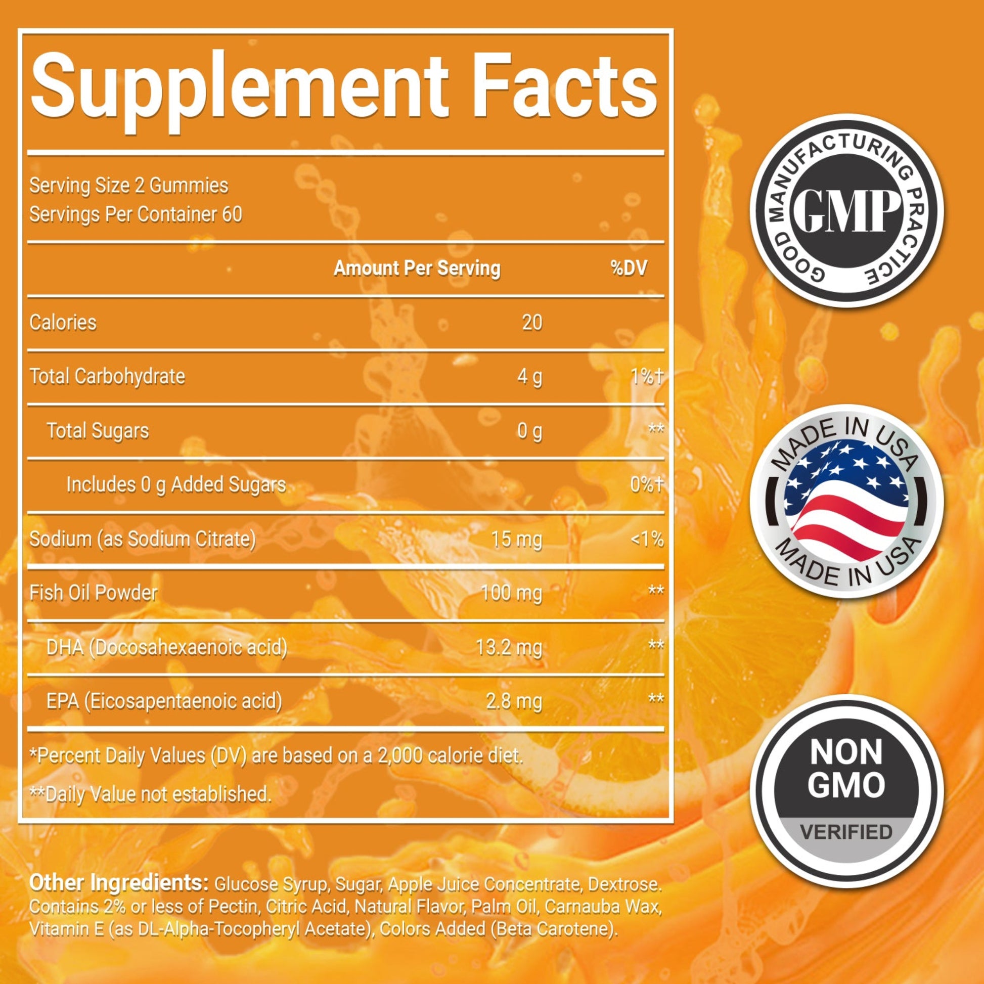 VitaCosmoX Omega-3 + DHA Supplement facts label with orange background and product details.