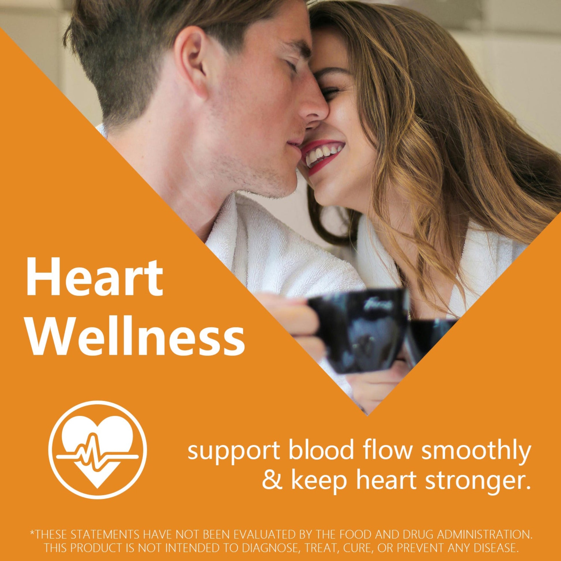Couple sharing a mug with 'Heart Wellness' text and logo on an orange background